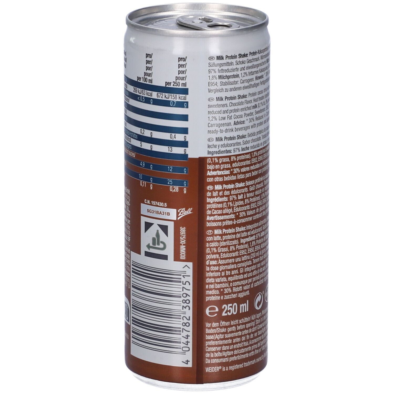 Weider Milk Protein Shake Cioccolato. Lattina, retro con informazioni nutrizionali. Sfondo marrone, testo bianco. 250ml.