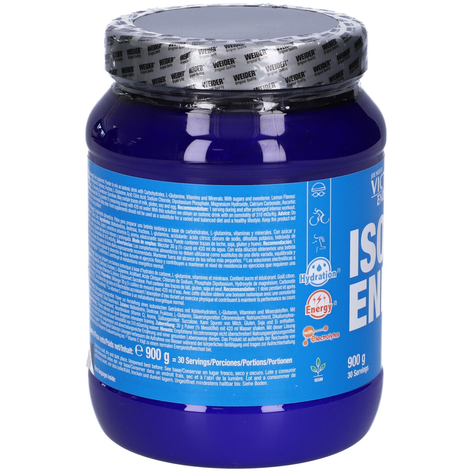 Retro del barattolo blu "Victory Endurance ISO ENERGY". Testo multilingue. Contiene informazioni nutrizionali e ingredienti.