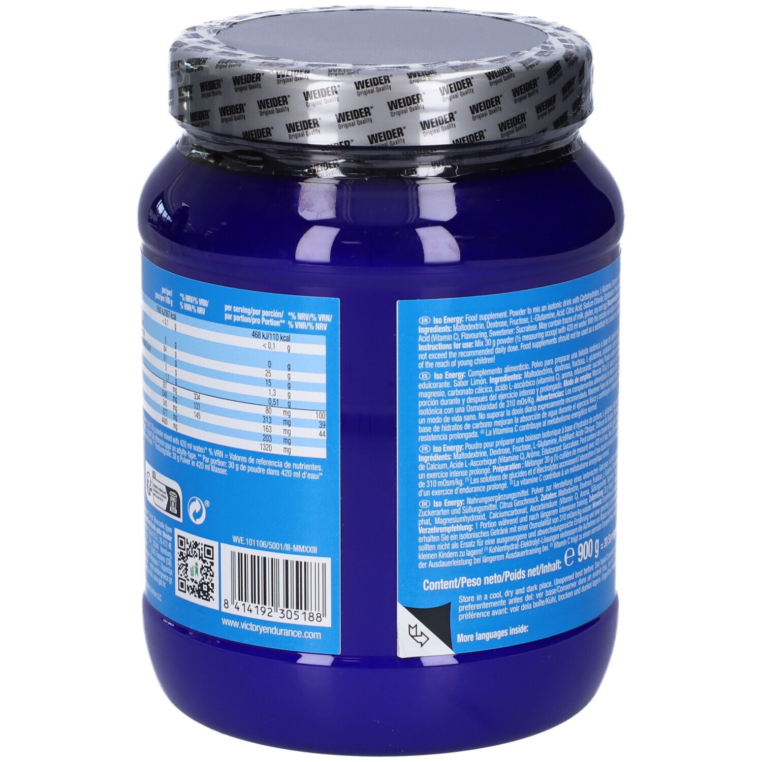 Retro del barattolo blu "Victory Endurance ISO ENERGY". Tabella nutrizionale e codice QR. Contiene informazioni ingredienti.