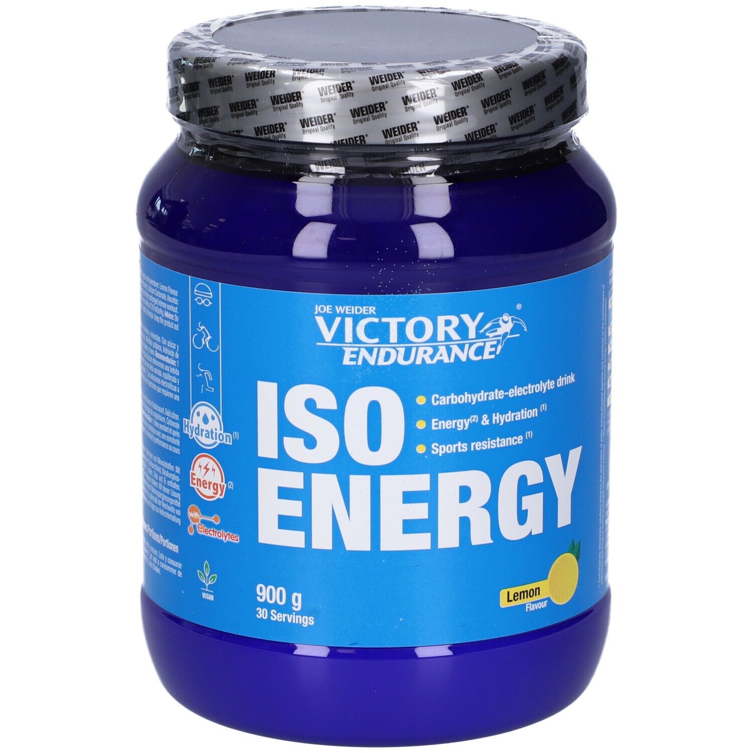 Barattolo blu "Victory Endurance ISO ENERGY". Vista frontale con nome, ingredienti e illustrazione limone.