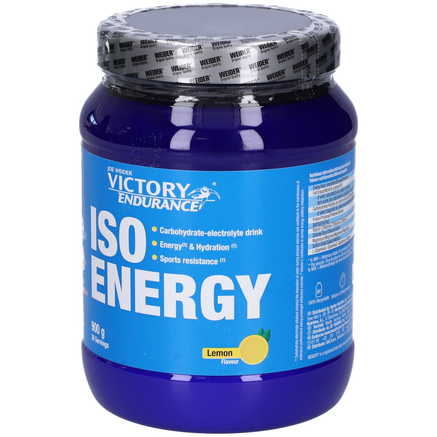 Barattolo blu "Victory Endurance ISO ENERGY". Vista frontale con nome, ingredienti e illustrazione limone.