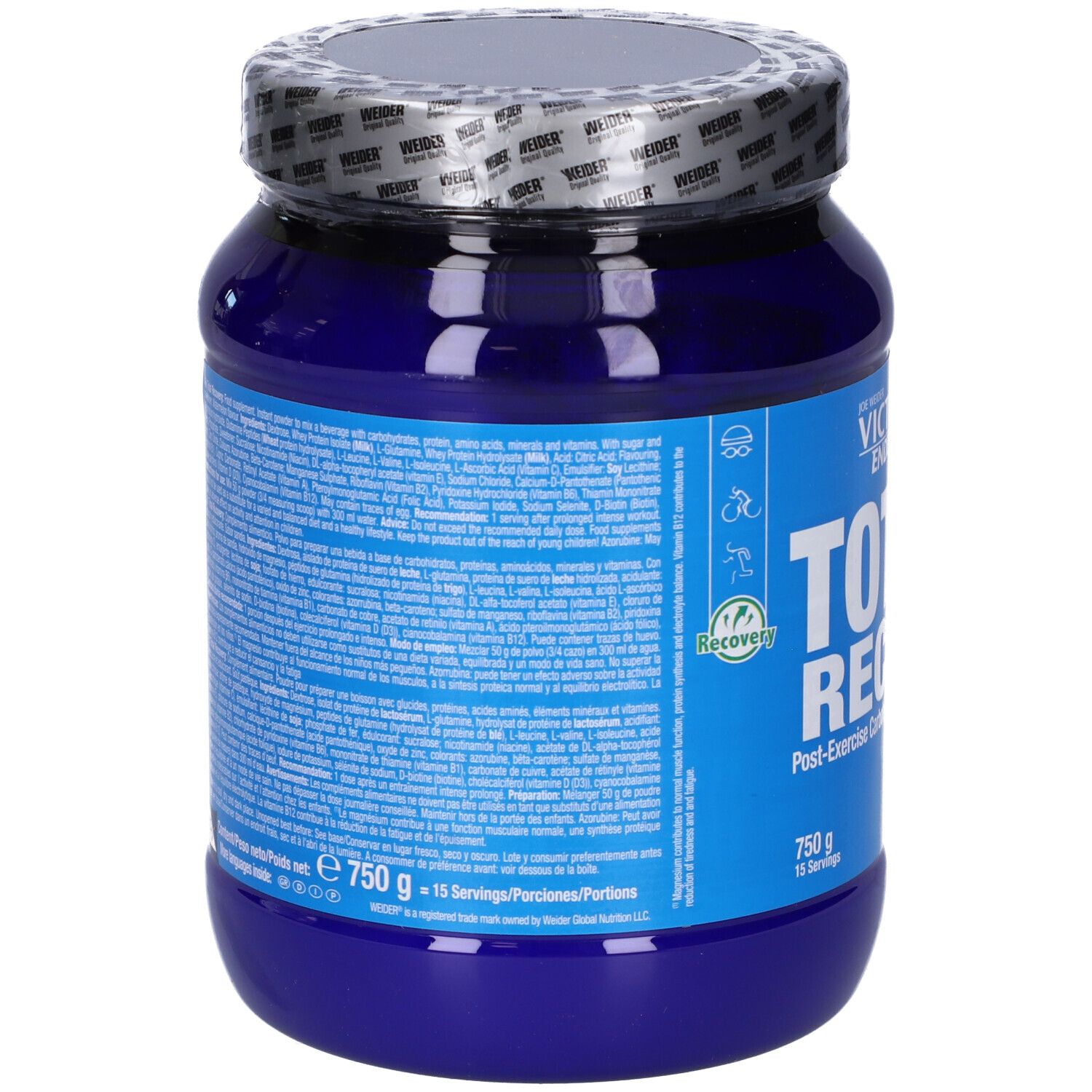 Retro del barattolo blu "Victory Endurance Total Recovery Anguria". Testo con informazioni nutrizionali e ingredienti. 750g.