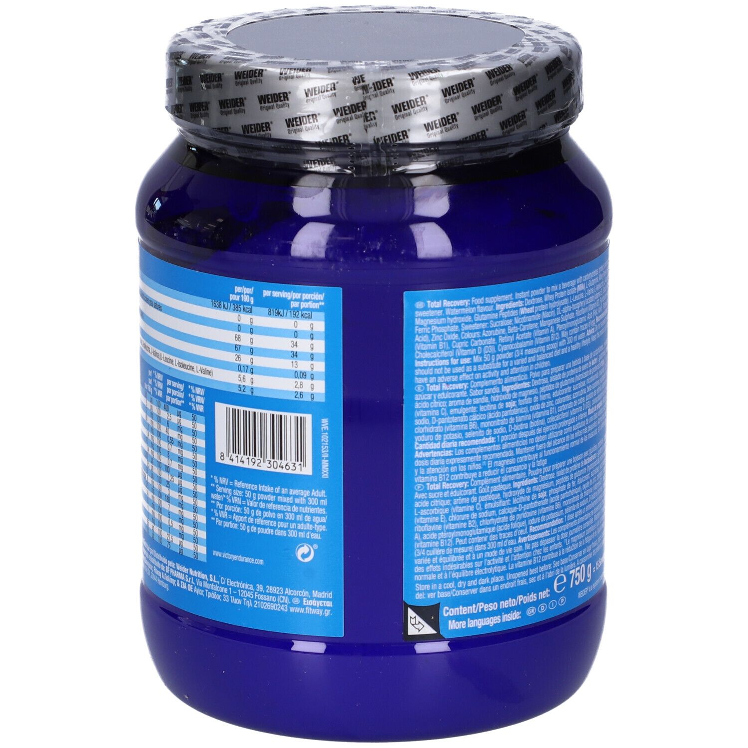 Retro del barattolo blu "Victory Endurance Total Recovery Anguria". Testo con informazioni nutrizionali e ingredienti. 750g.