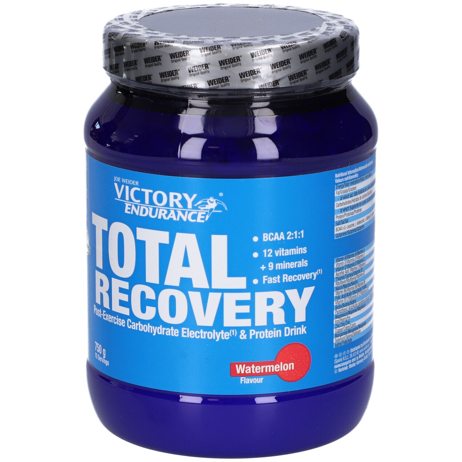 Barattolo blu "Victory Endurance Total Recovery Anguria". Contiene BCAA, vitamine e minerali. 750g, gusto anguria.