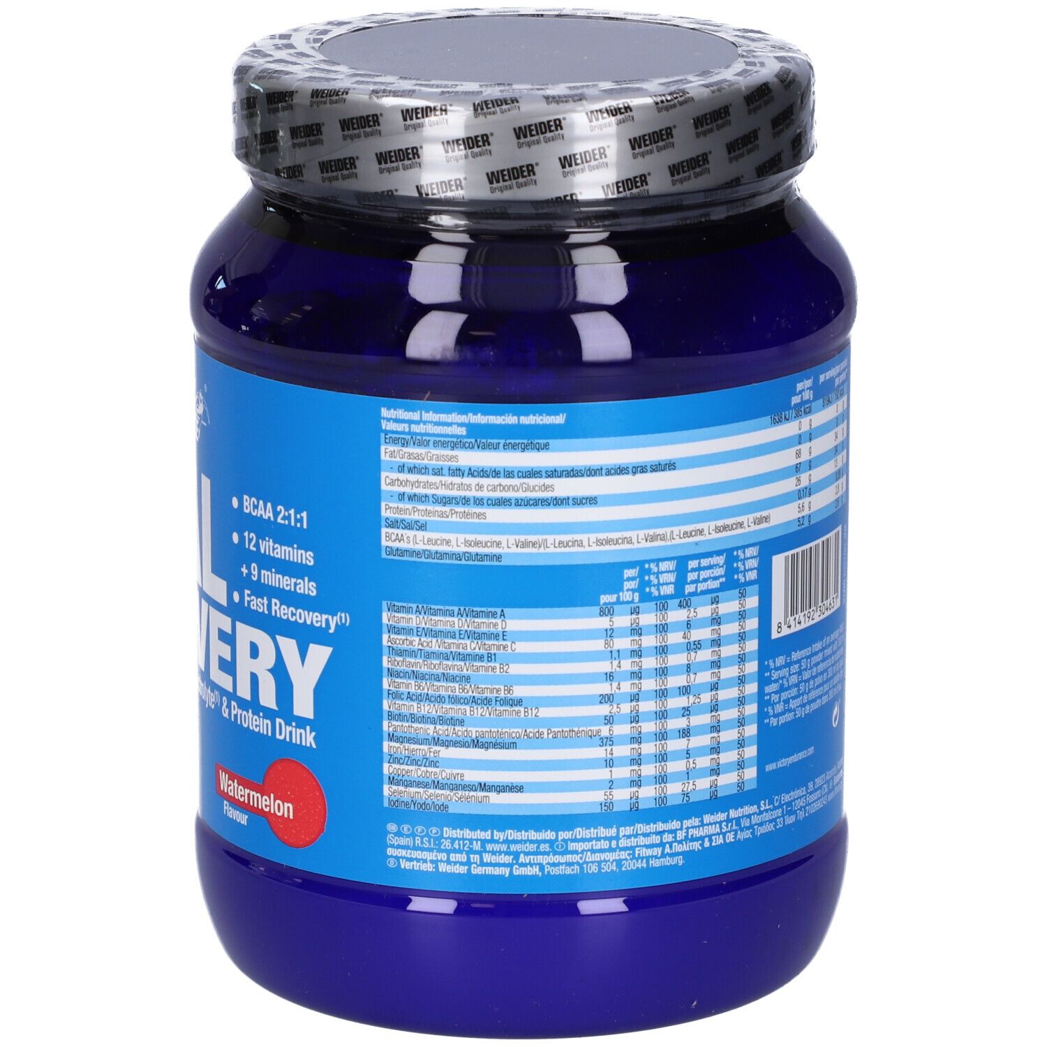 Retro del barattolo blu "Victory Endurance Total Recovery Anguria". Testo con informazioni nutrizionali e ingredienti. 750g.