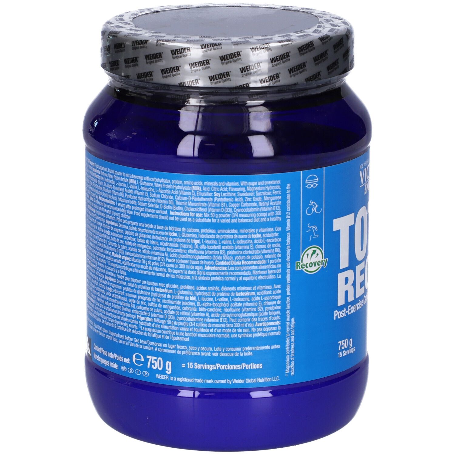 Barattolo blu "Victory Endurance Total Recovery". Retro con informazioni nutrizionali e ingredienti. 750g.
