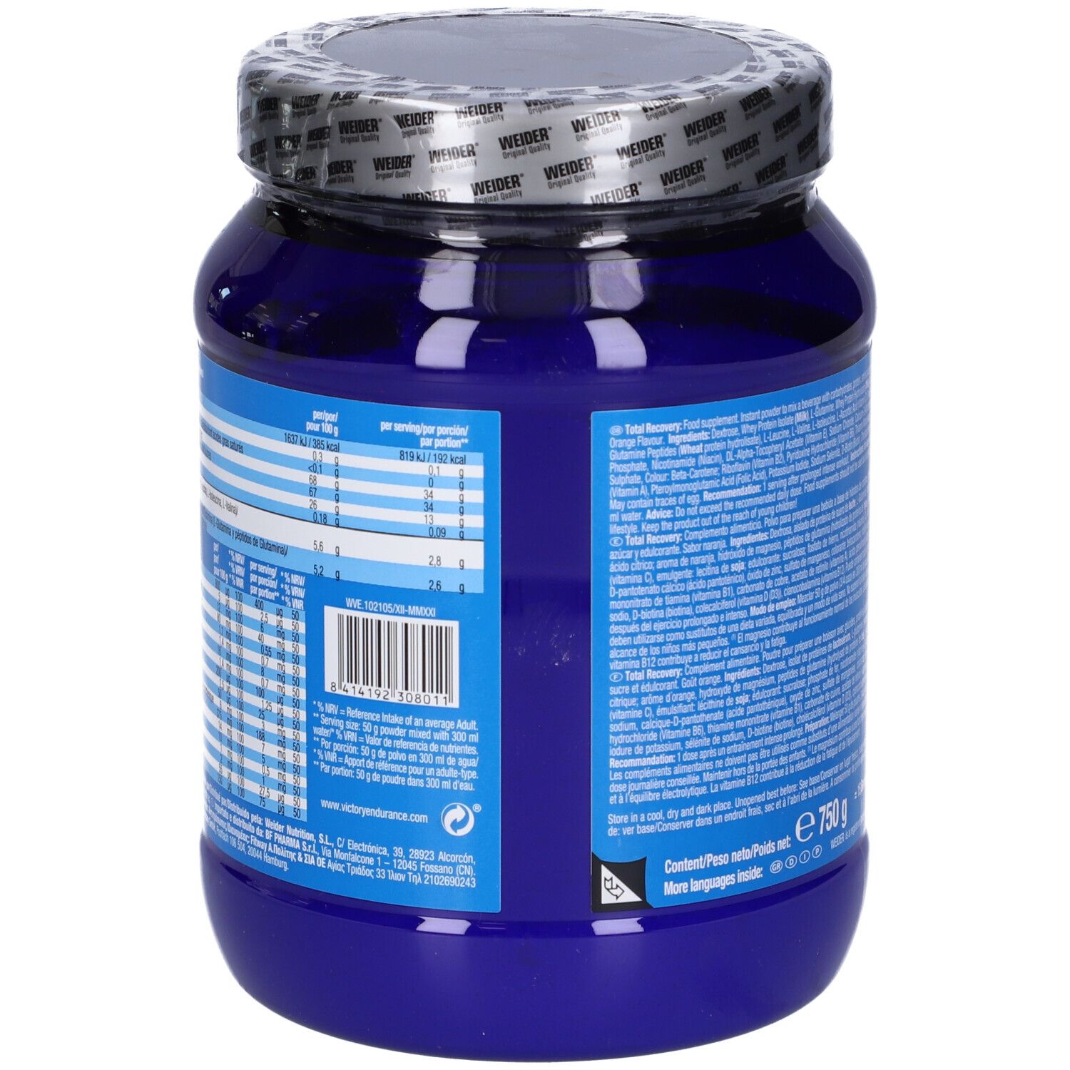 Barattolo blu "Victory Endurance Total Recovery". Retro con tabella nutrizionale e codice a barre. 750g.