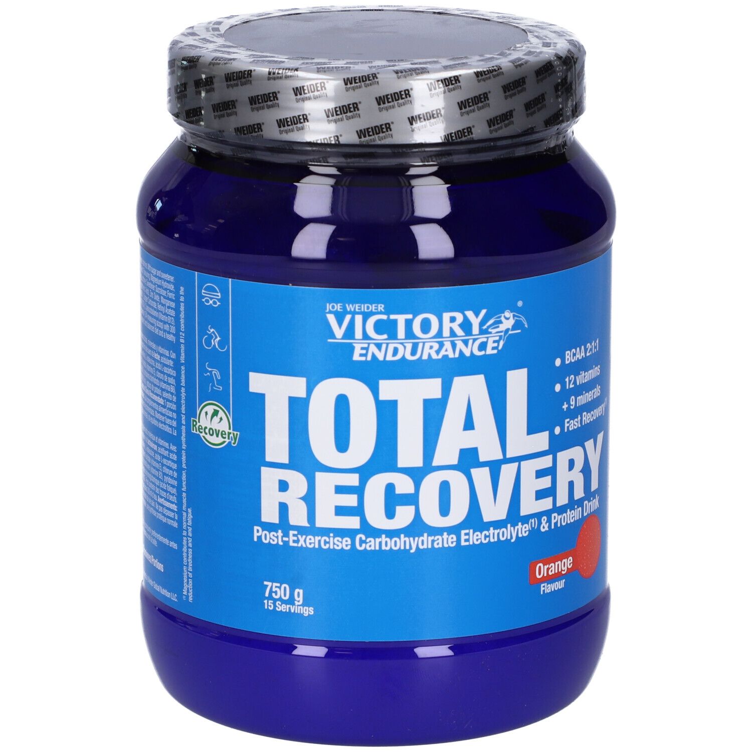 Barattolo blu "Victory Endurance Total Recovery". Contiene BCAA, vitamine, minerali. Gusto arancia. 750g.