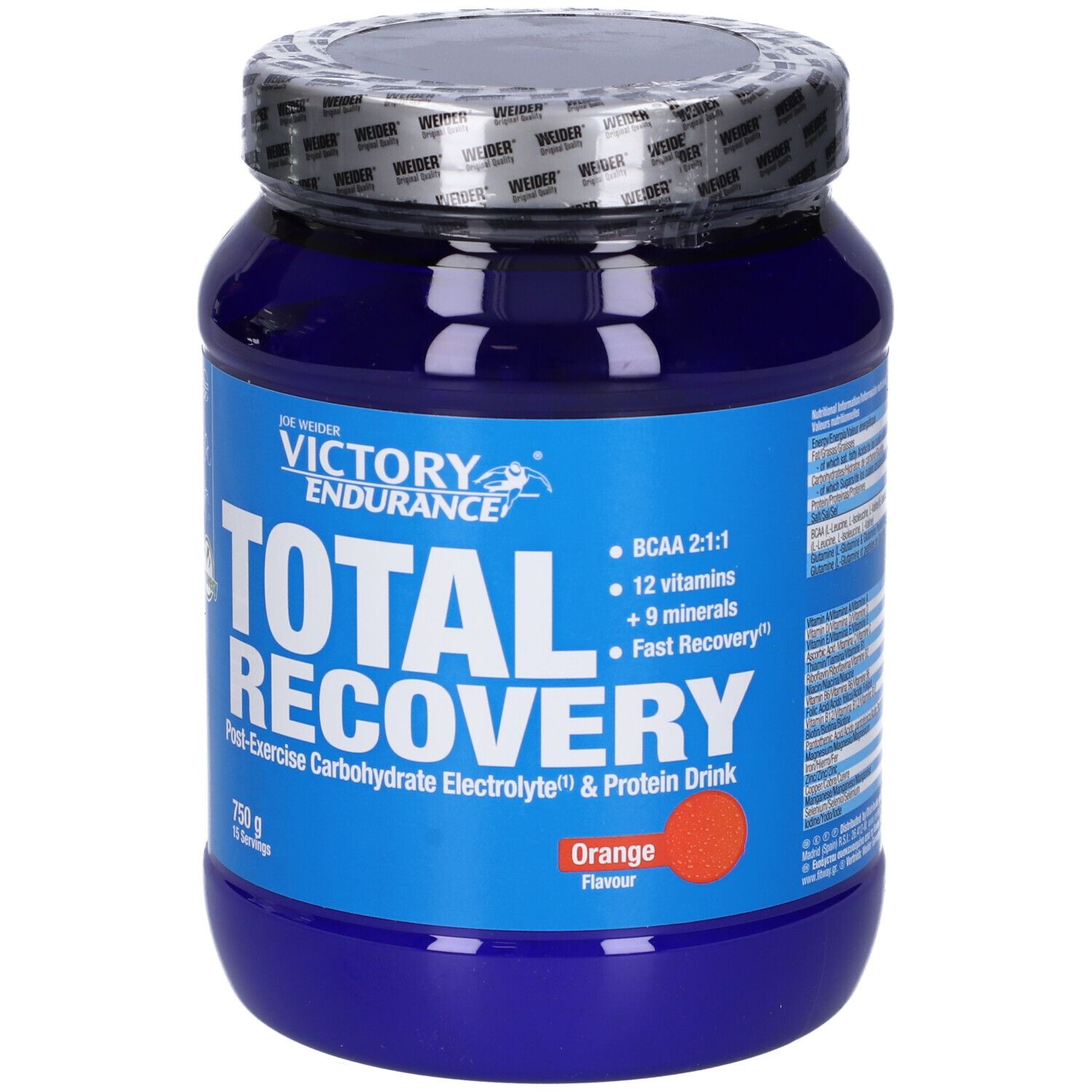 Barattolo blu "Victory Endurance Total Recovery". Contiene BCAA, vitamine, minerali. Gusto arancia. 750g.