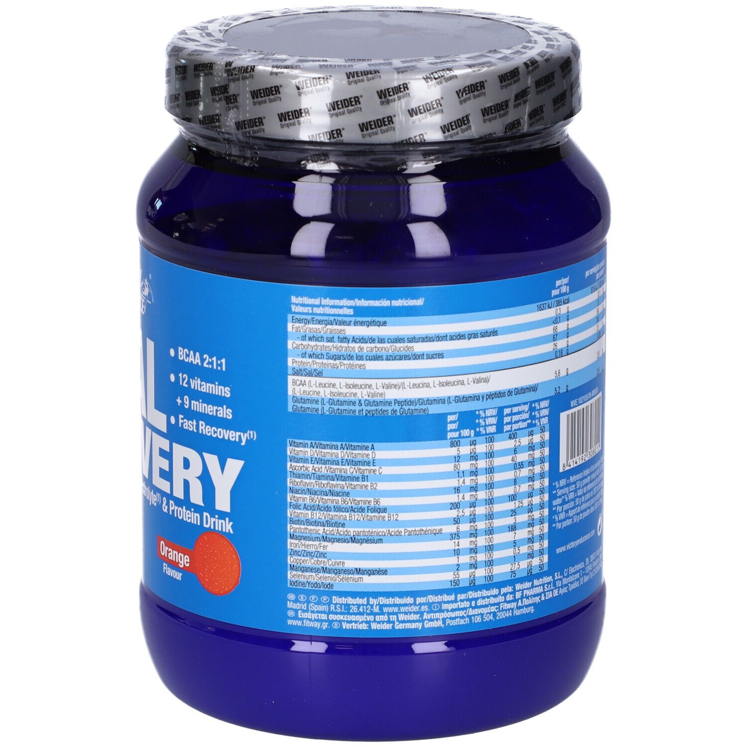 Barattolo blu "Victory Endurance Total Recovery". Retro con tabella nutrizionale e ingredienti. 750g.