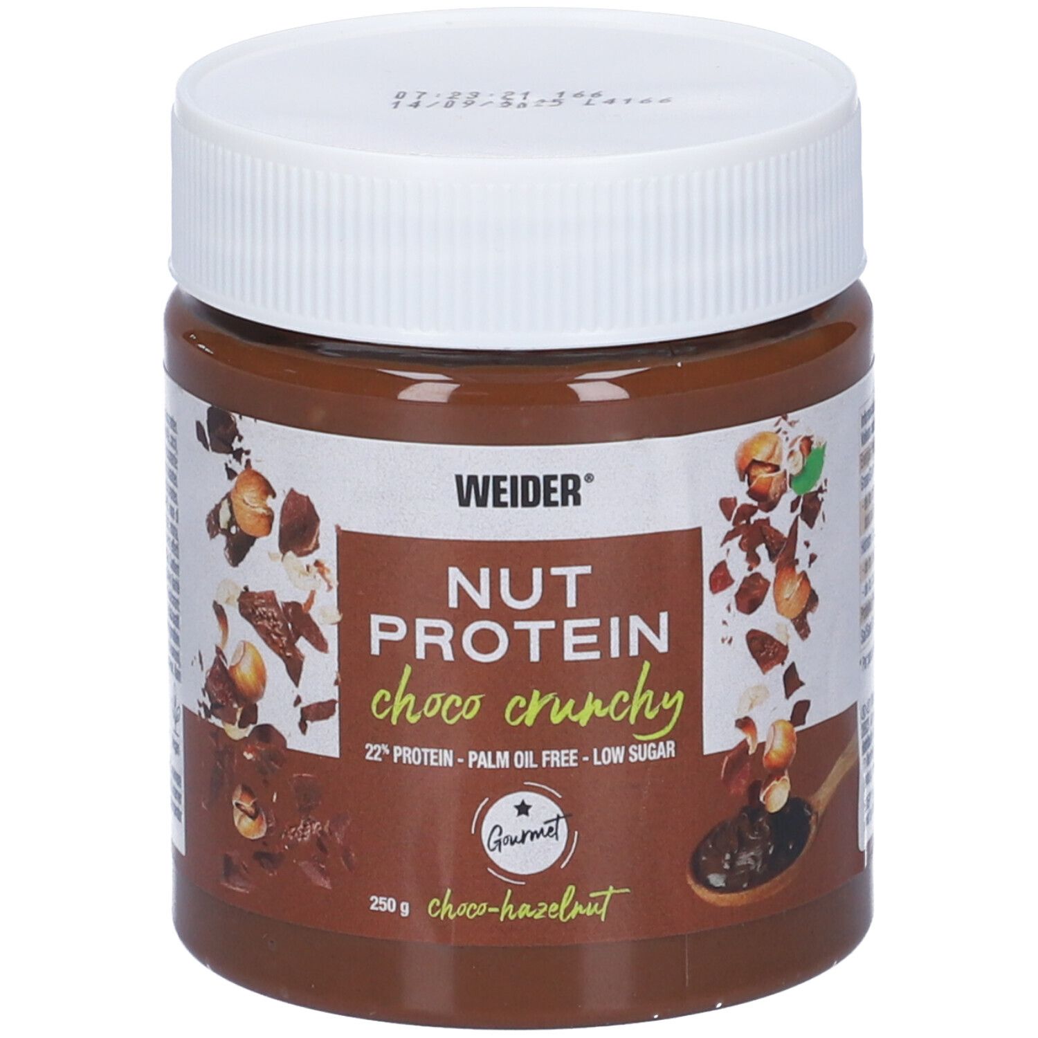 Barattolo marrone con coperchio bianco. Scritta: WEIDER, NUT PROTEIN choco crunchy, 22% proteine, senza olio di palma, a basso contenuto di zuccheri. 250g.