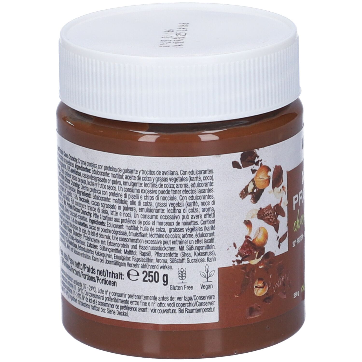 Retro del barattolo. Testo multilingue. Informazioni su ingredienti, valori nutrizionali e certificazioni. Senza glutine e vegano.