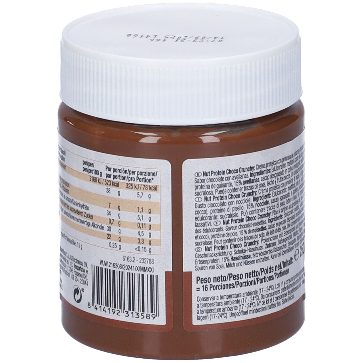 Retro del barattolo. Informazioni nutrizionali multilingue. 250g. Senza glutine e vegano.