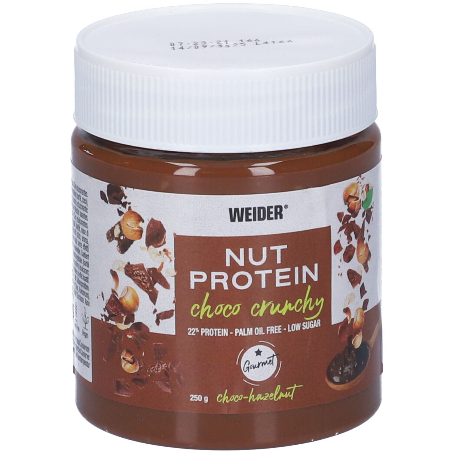 Barattolo marrone con coperchio bianco. Scritta: WEIDER, NUT PROTEIN choco crunchy, 22% proteine, senza olio di palma, a basso contenuto di zuccheri. 250g.