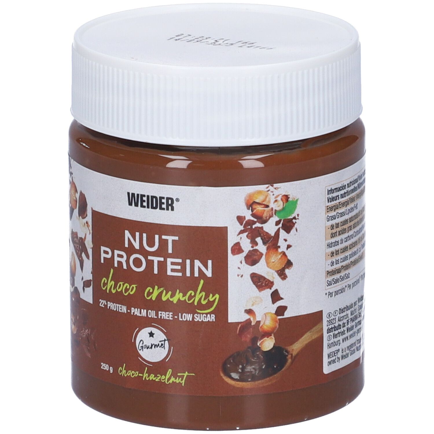 Barattolo marrone con coperchio bianco. Scritta: WEIDER, NUT PROTEIN choco crunchy, 22% proteine, senza olio di palma, a basso contenuto di zuccheri. 250g.