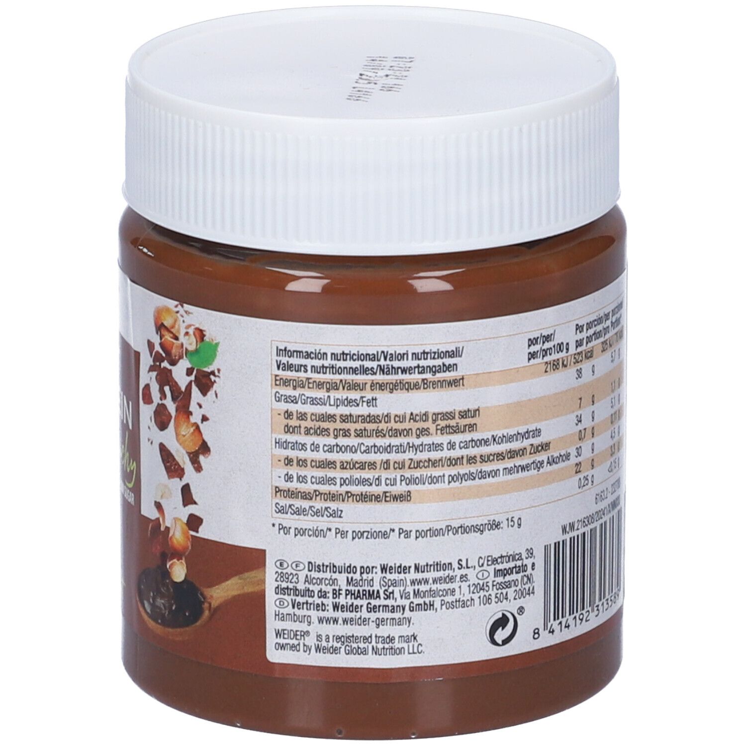 Retro del barattolo. Informazioni nutrizionali multilingue. 250g. Senza glutine e vegano.