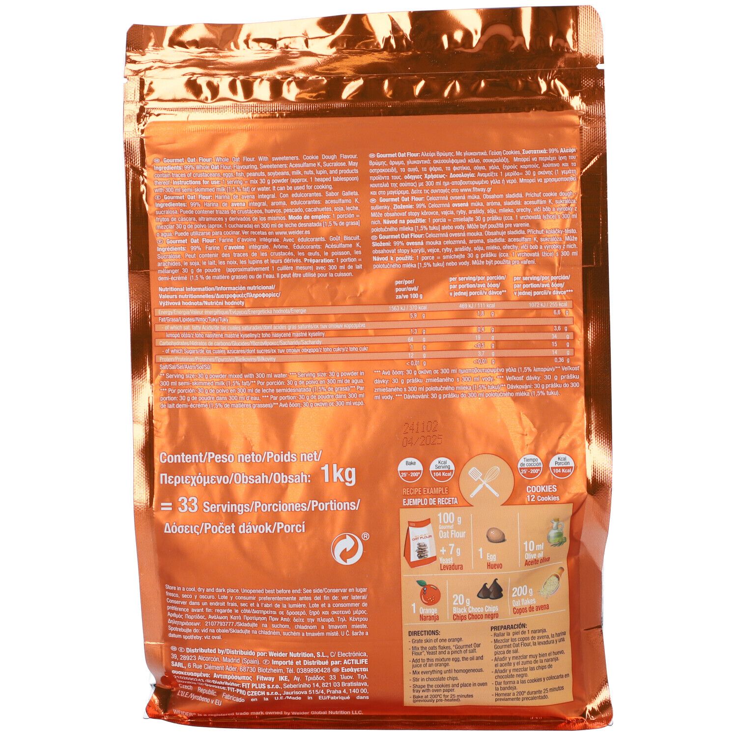 Retro della confezione di farina d'avena Weider. Informazioni testuali, nutrizionali, istruzioni, 1kg, 33 porzioni.