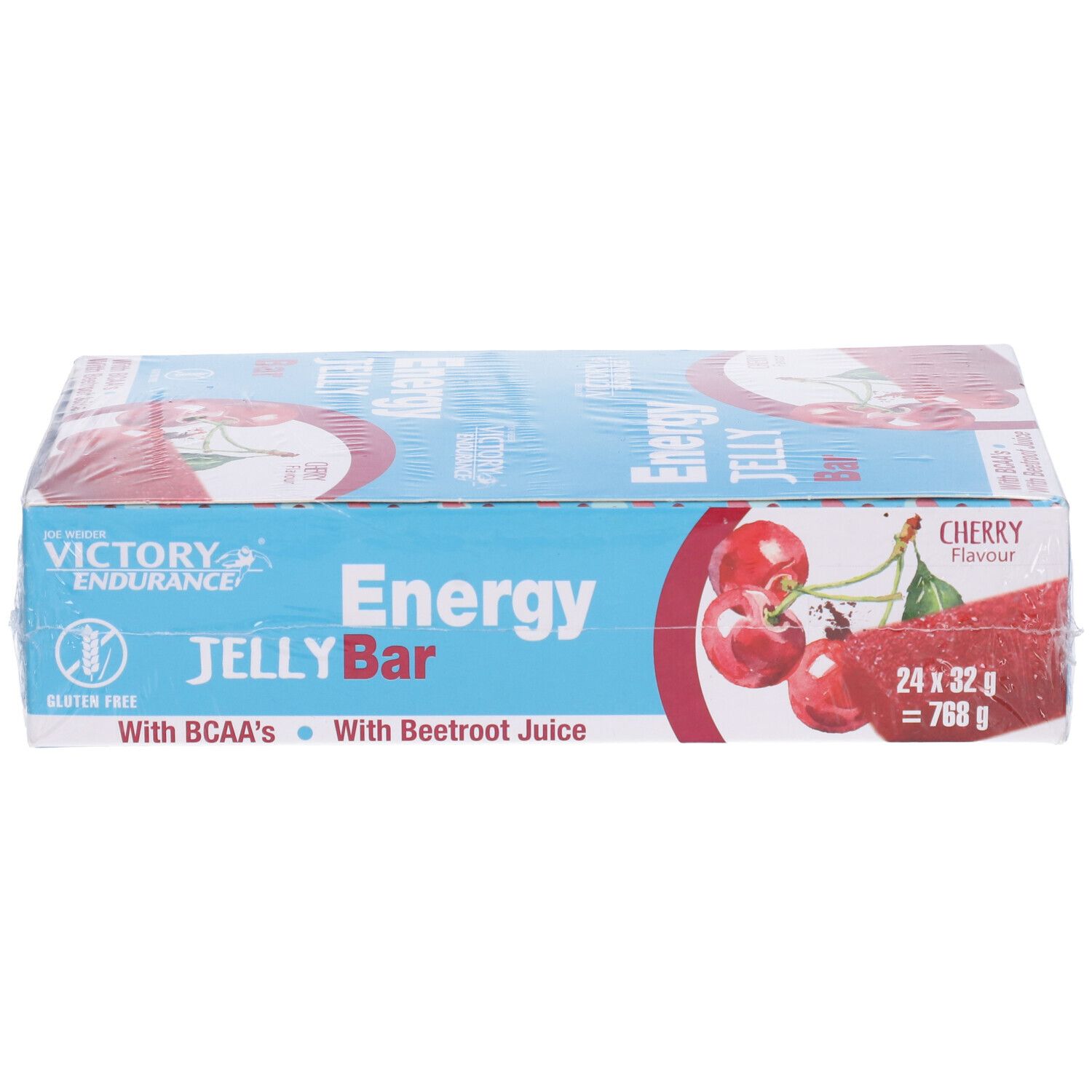 Confezione di barrette. Scritta "Energy Jelly Bar". Illustrazione ciliegie.