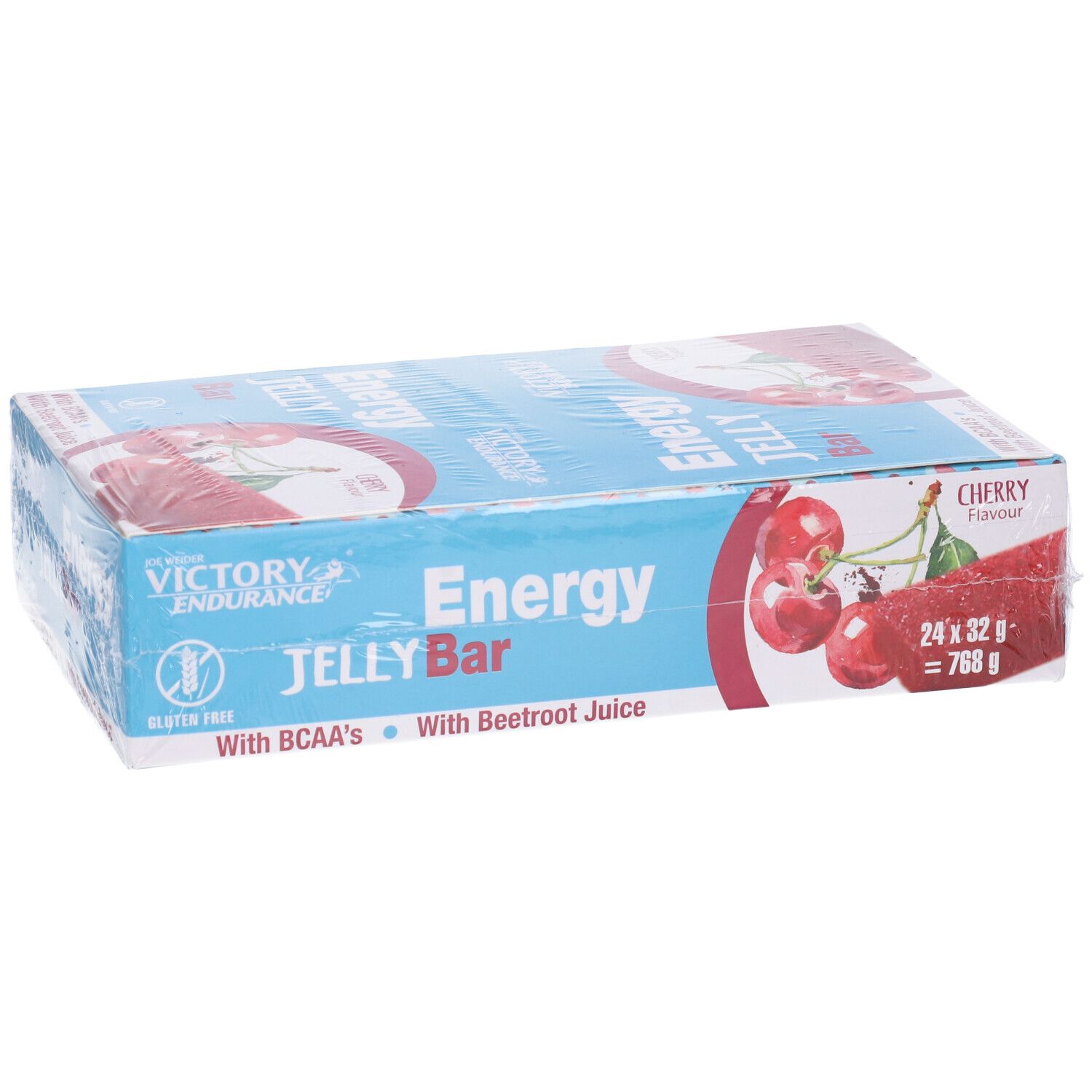 Confezione di barrette. Scritta "Energy Jelly Bar". Illustrazione ciliegie.