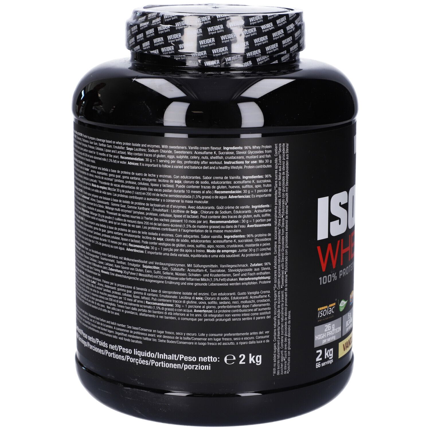 Retro del barattolo nero con testo. Visibili '2 kg' e '56 porzioni'. Testo multilingue.