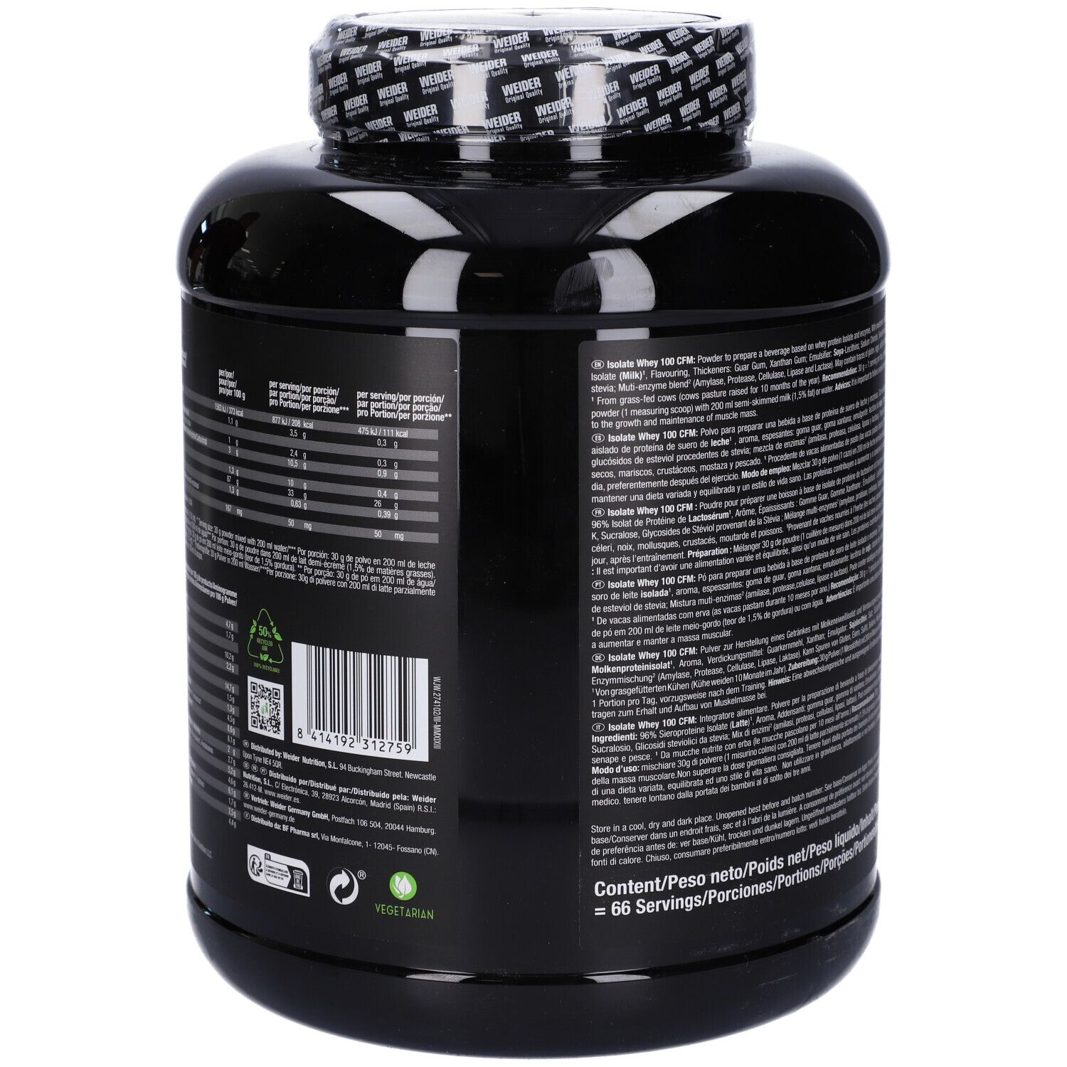 Retro del barattolo nero con testo. Codice a barre e informazioni nutrizionali visibili. '2 kg' e '56 porzioni'.