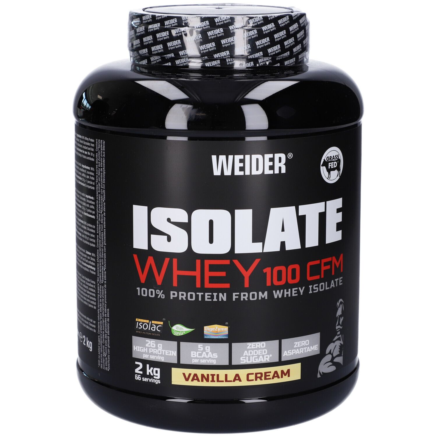 Barattolo nero con 'WEIDER ISOLATE WHEY 100 CFM'. Visibile 'Vanilla Cream' e '2 kg'.