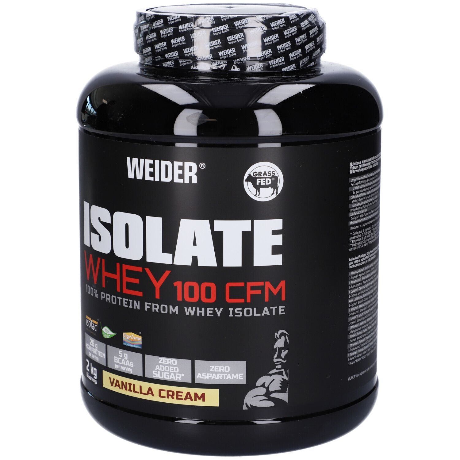 Barattolo nero con 'WEIDER ISOLATE WHEY 100 CFM'. Visibile 'Vanilla Cream' e '2 kg'. Logo 'Grass Fed'.