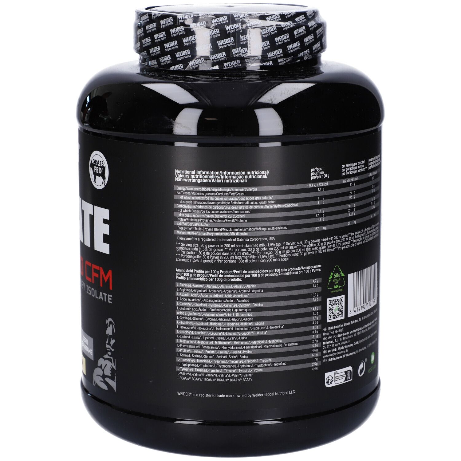 Retro del barattolo nero con testo. Informazioni nutrizionali e testo multilingue visibili.