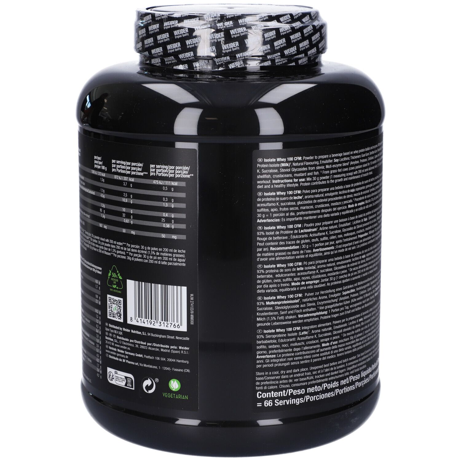 Retro del barattolo nero Weider Isolate Whey 100 CFM. Informazioni nutrizionali e testo. 2 kg.
