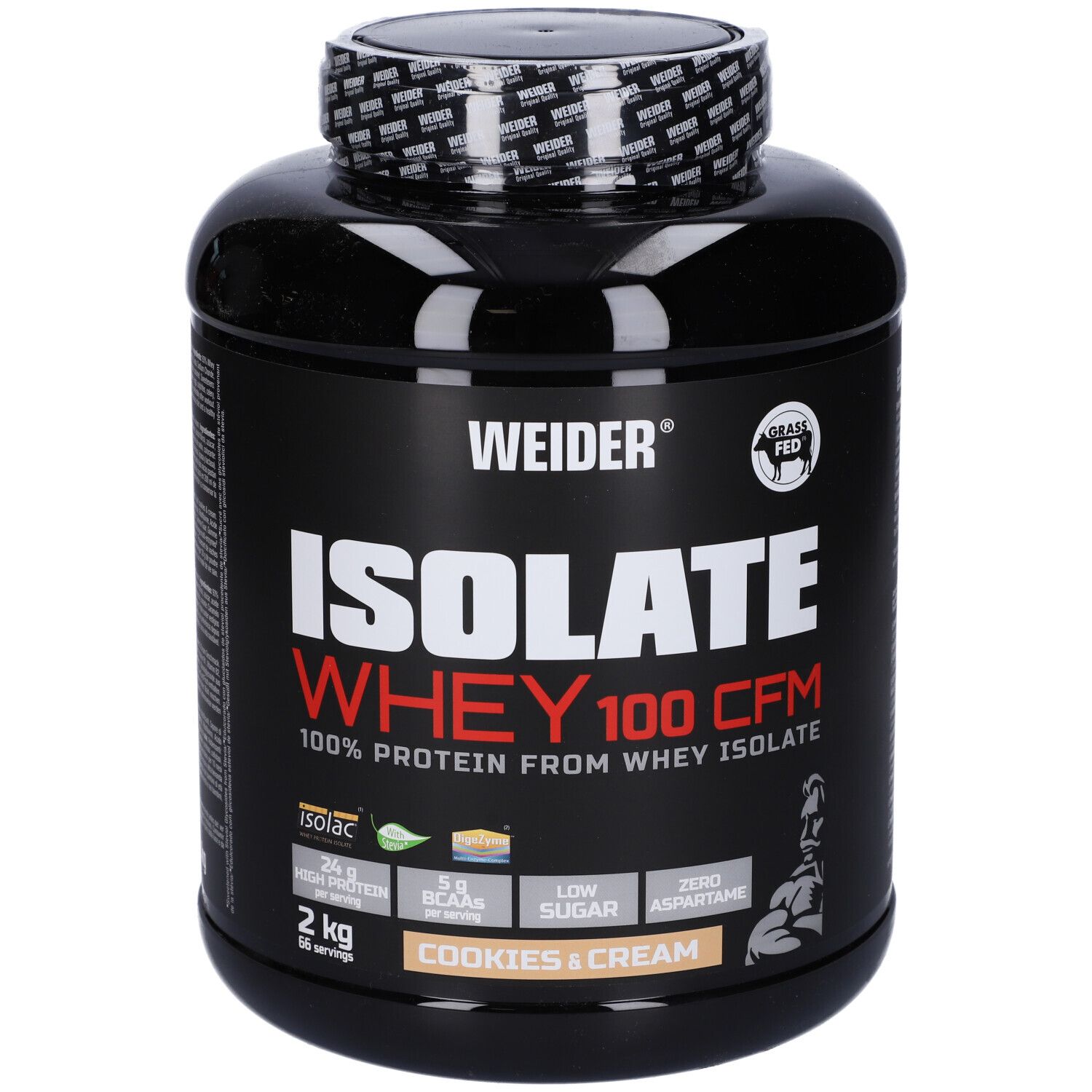 Barattolo nero con "WEIDER" e "ISOLATE WHEY 100 CFM". Scritta "Cookies & Cream". 2 kg.