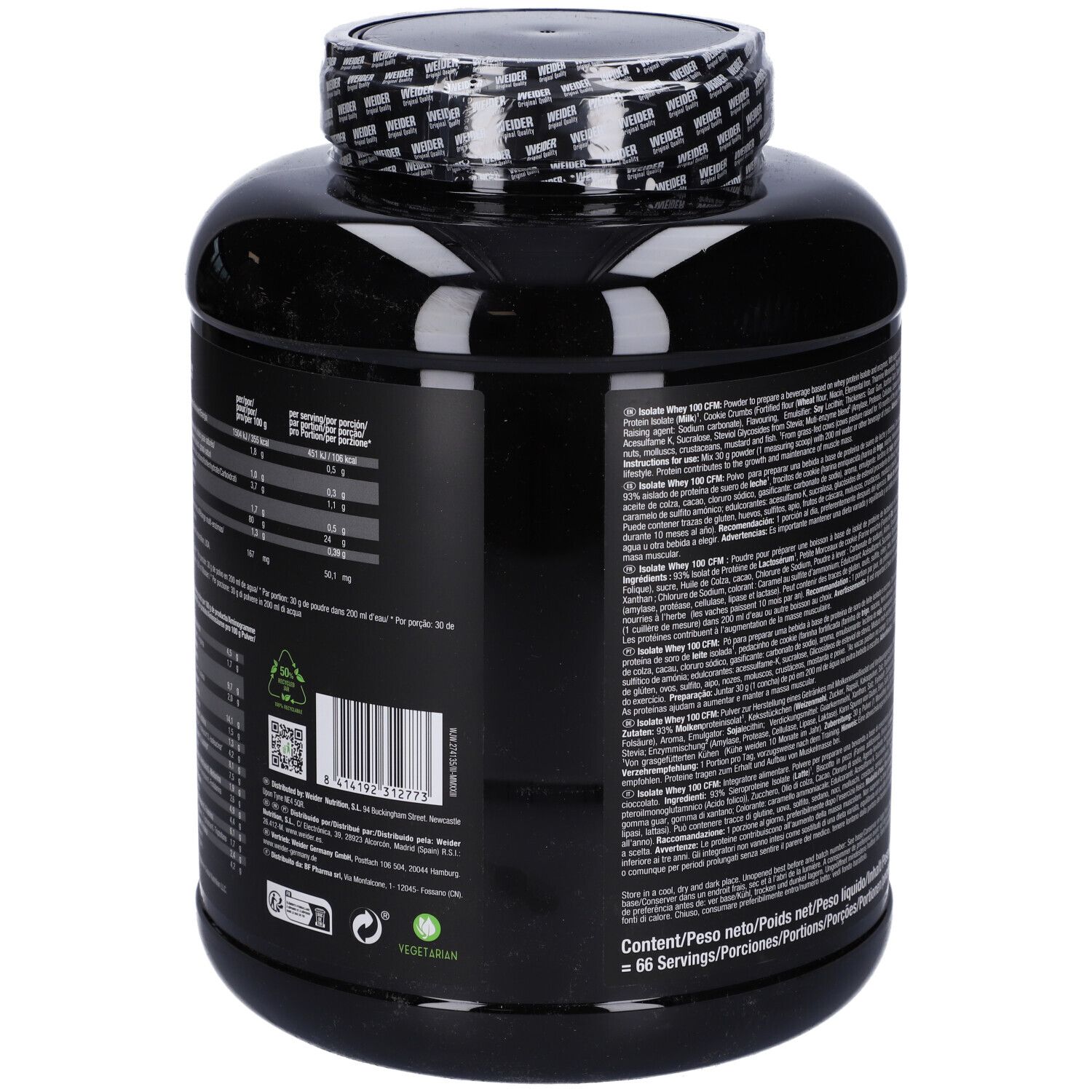 Retro del barattolo nero. Informazioni testuali e codice a barre. Peso: 2 kg.