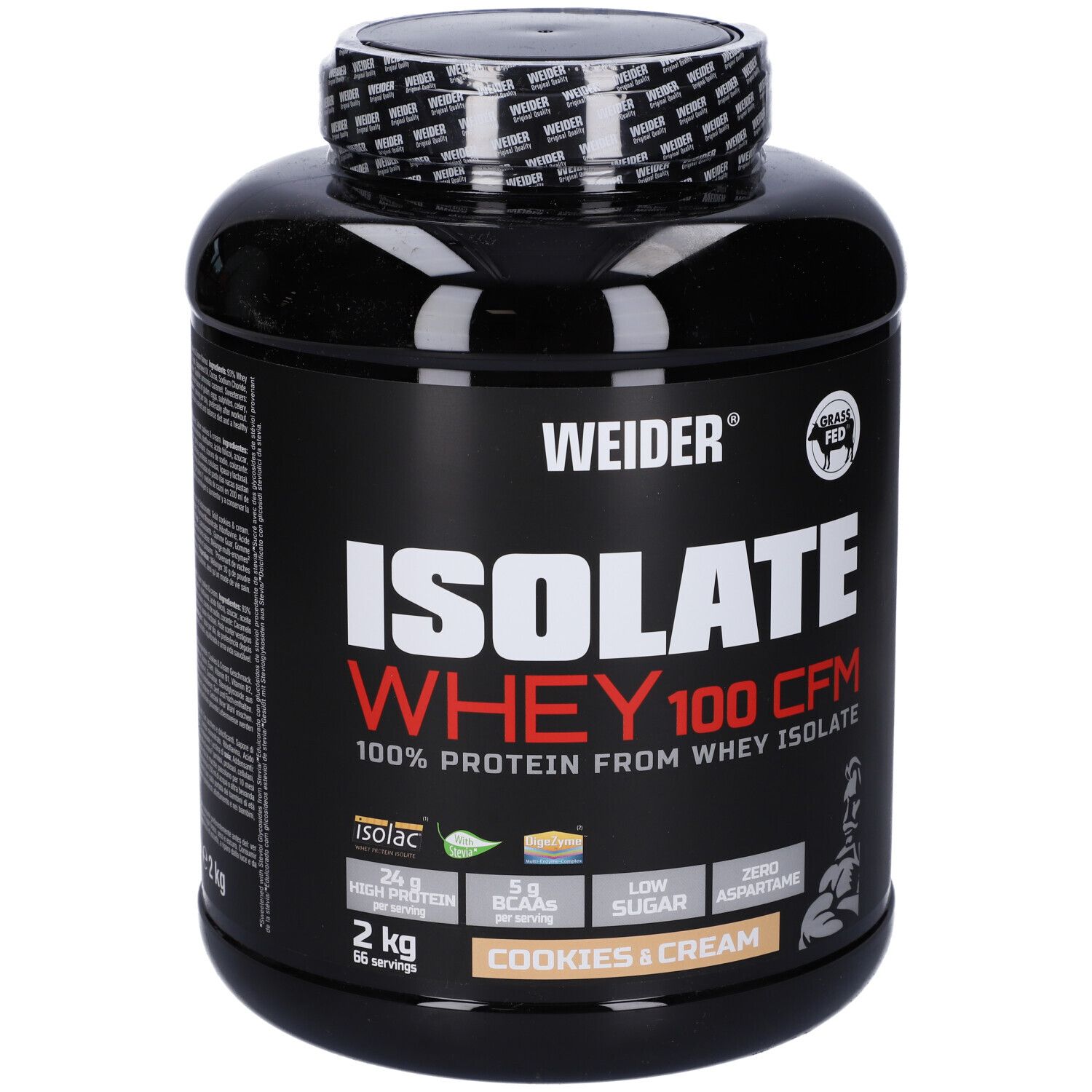 Barattolo nero con "WEIDER" e "ISOLATE WHEY 100 CFM". Scritta "Cookies & Cream". 2 kg.