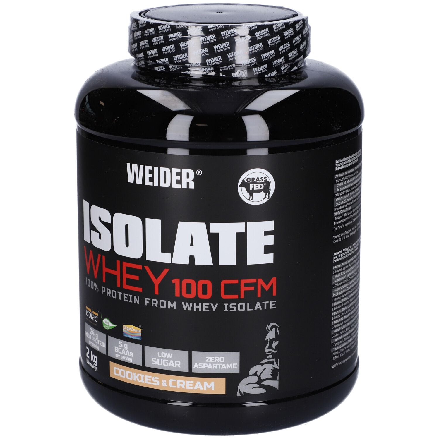 Barattolo nero con "WEIDER" e "ISOLATE WHEY 100 CFM". Scritta "Cookies & Cream". 2 kg.