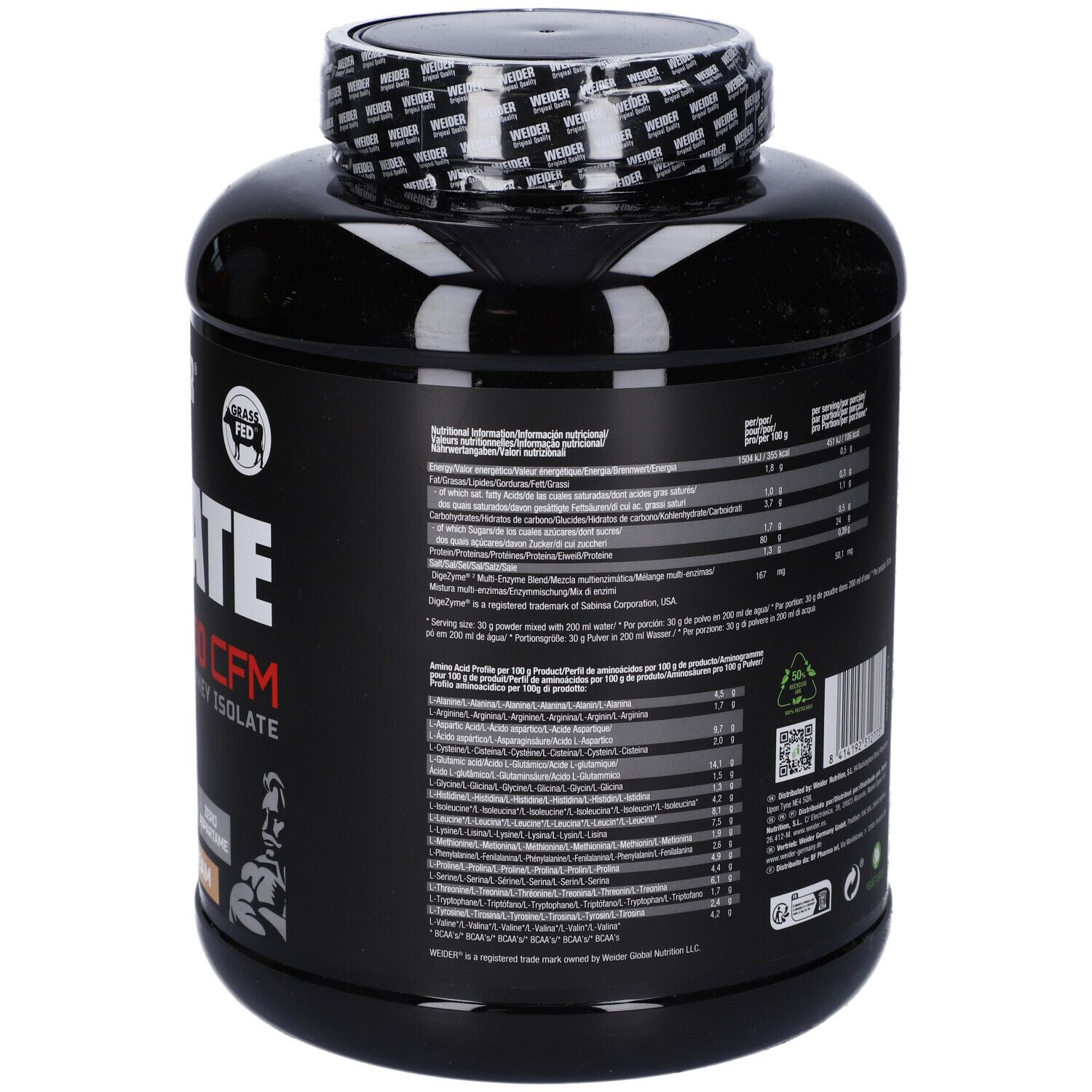 Retro del barattolo nero. Informazioni testuali e nutrizionali. Peso: 2 kg.