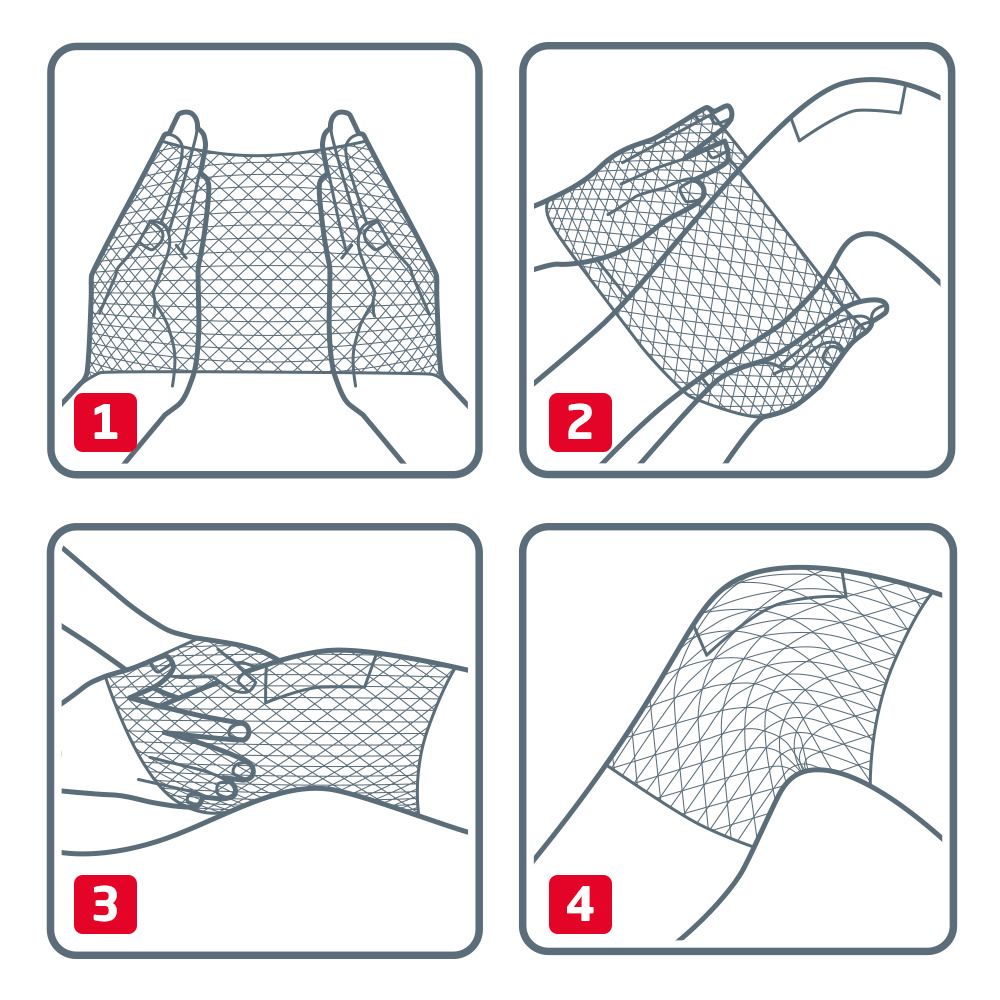 Istruzioni per l'uso della benda tubulare. Quattro passaggi con illustrazioni numerate.