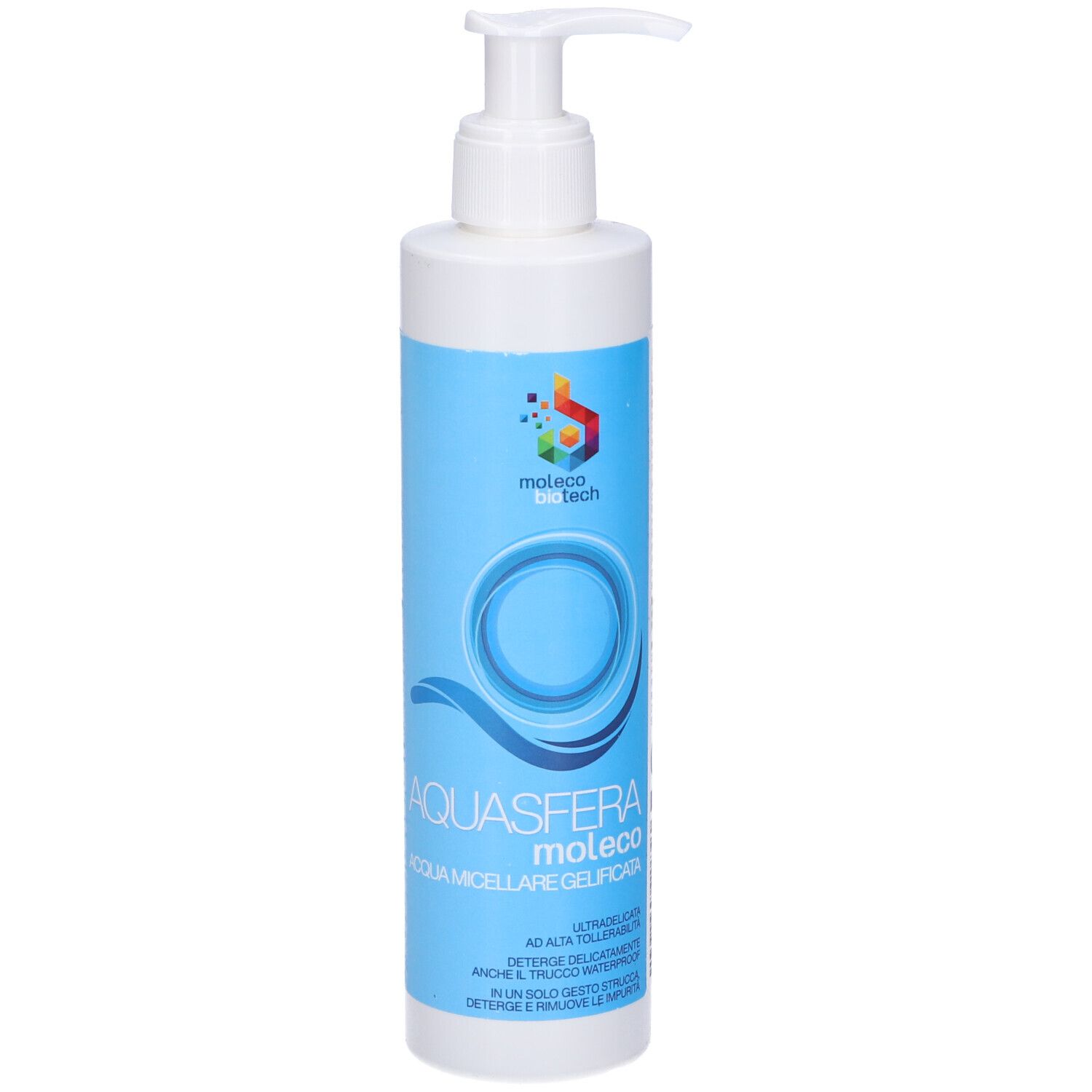 Flacone cilindrico con etichetta blu. Scritta: Aquasfera Moleco. Erogatore bianco.