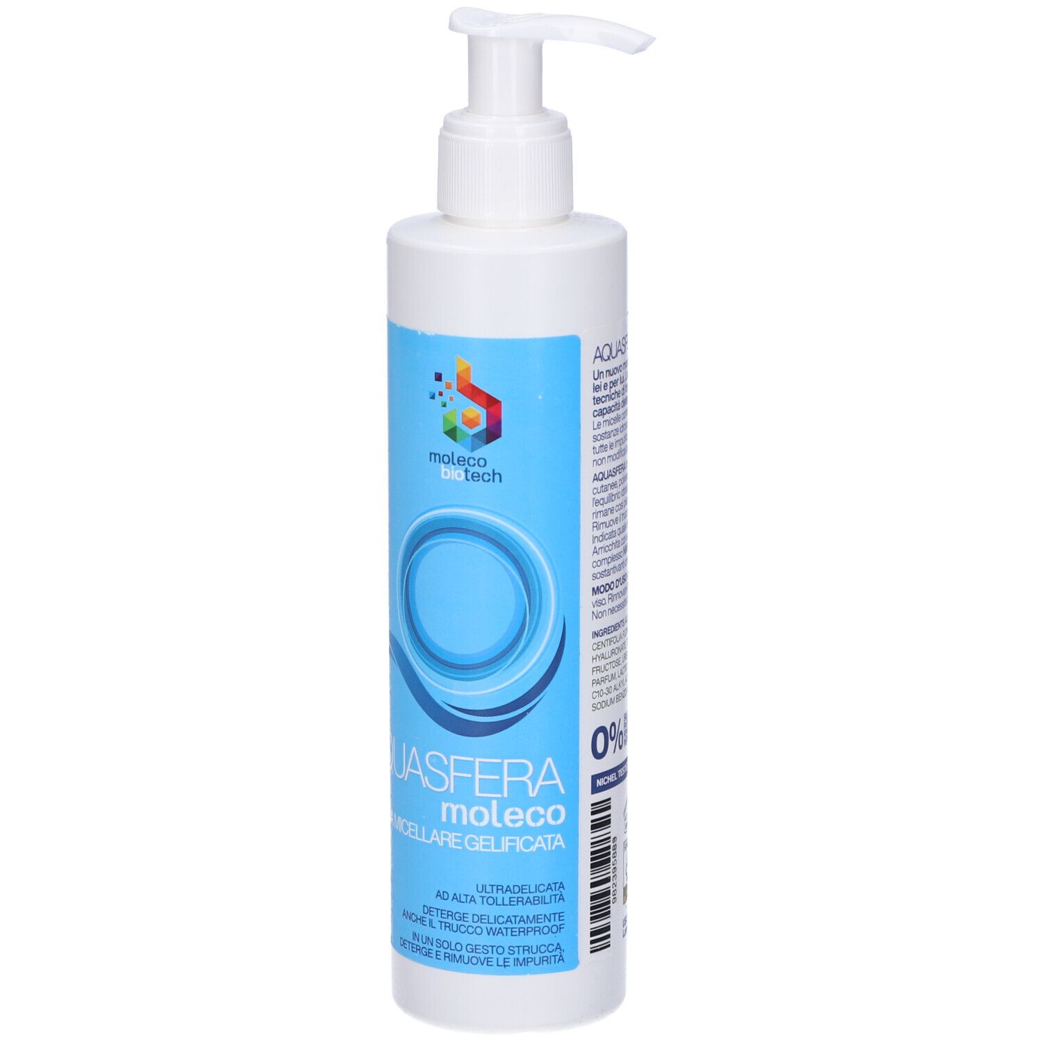 Flacone cilindrico con etichetta blu. Scritta: Aquasfera Moleco. Erogatore bianco.