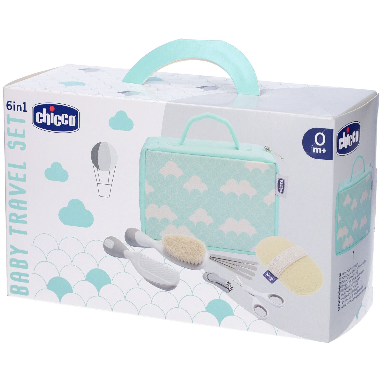 Set viaggio per neonati in confezione. Include borsa, spazzola, pettine, forbici, tagliaunghie e spugna. Marchio: Chicco.