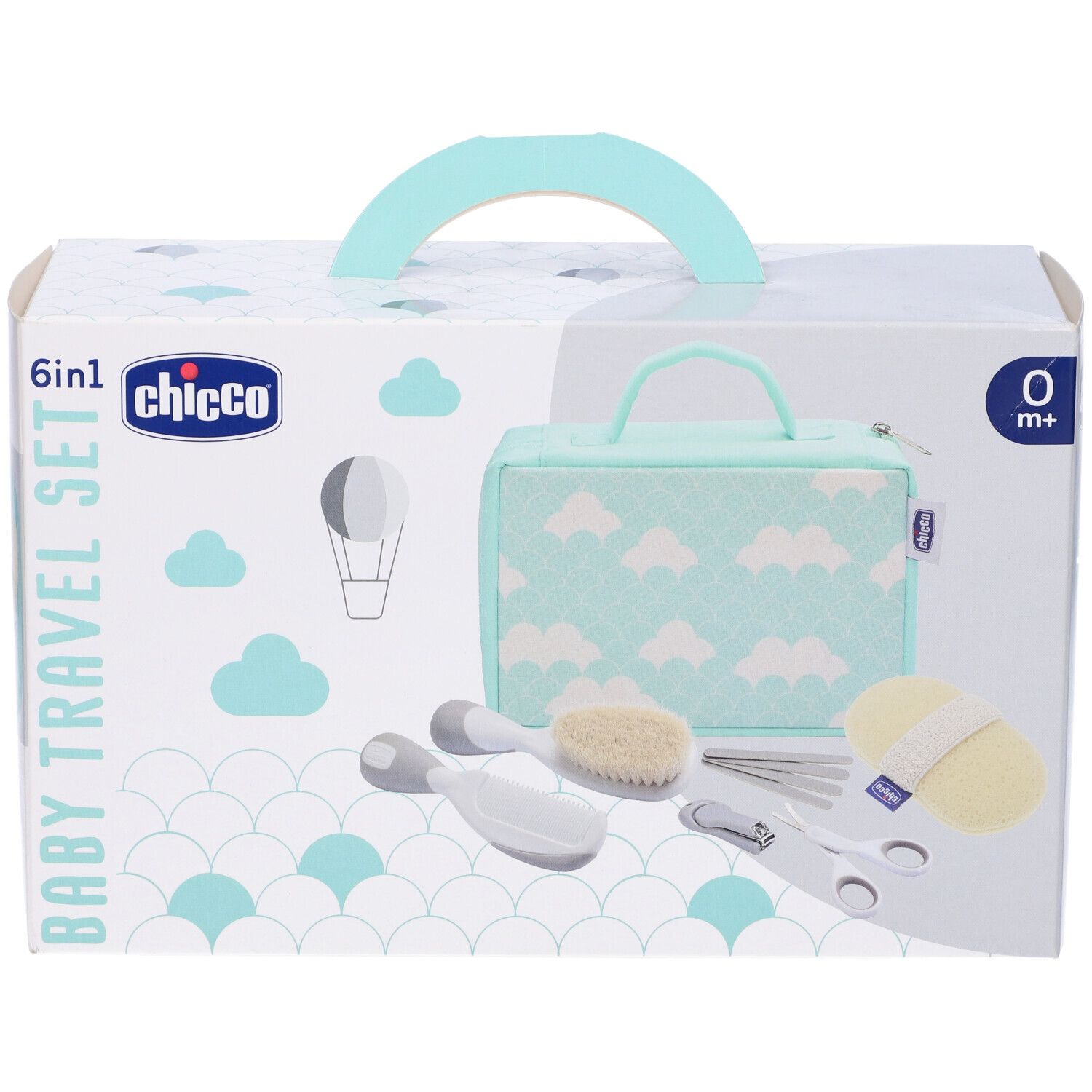 Set viaggio per neonati in confezione. Include borsa, spazzola, pettine, forbici, tagliaunghie e spugna. Marchio: Chicco.
