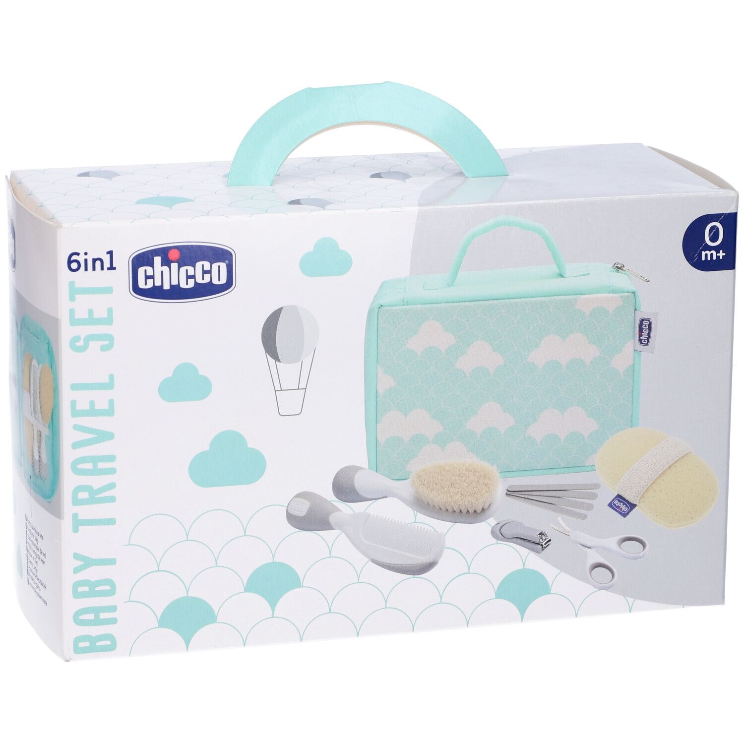 Set viaggio per neonati in confezione. Include borsa, spazzola, pettine, forbici, tagliaunghie e spugna. Marchio: Chicco.