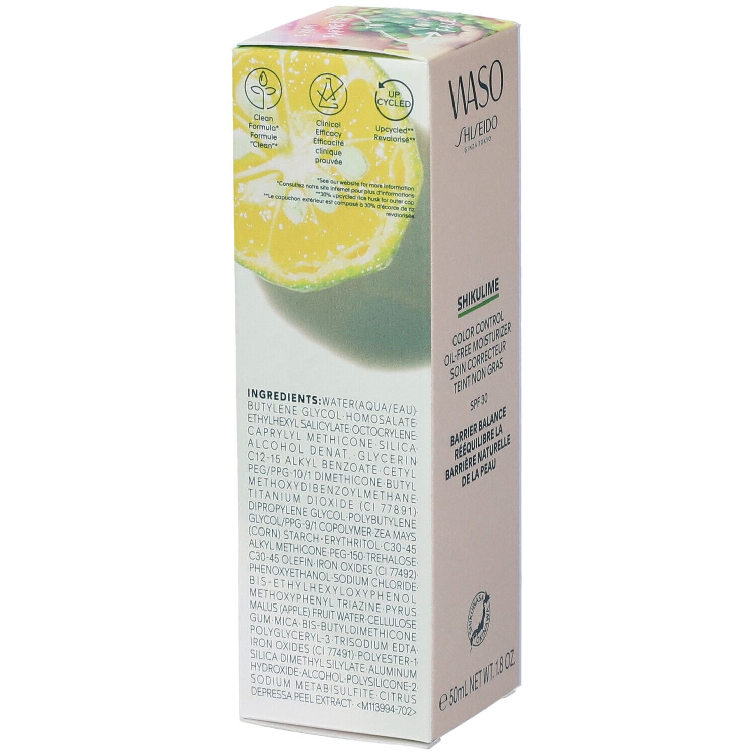 Confezione del prodotto Shiseido Waso Shikulime. Elenco ingredienti e loghi. Illustrazione di lime. Testo: Color Control Oil-Free Moisturizer.