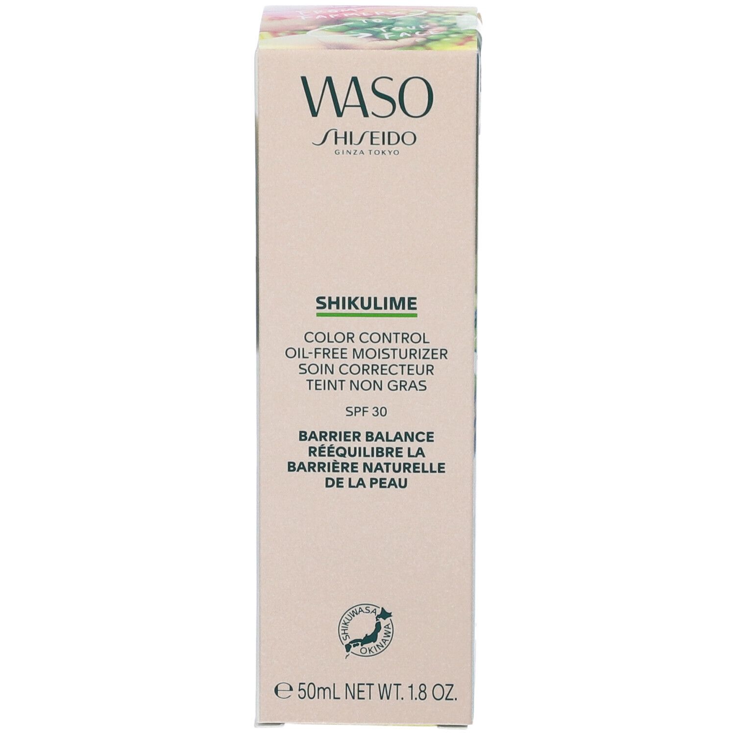 Confezione del prodotto Shiseido Waso Shikulime. Testo: Waso, Shikulime, Color Control, SPF 30. Design verde e bianco. Logo Giappone.