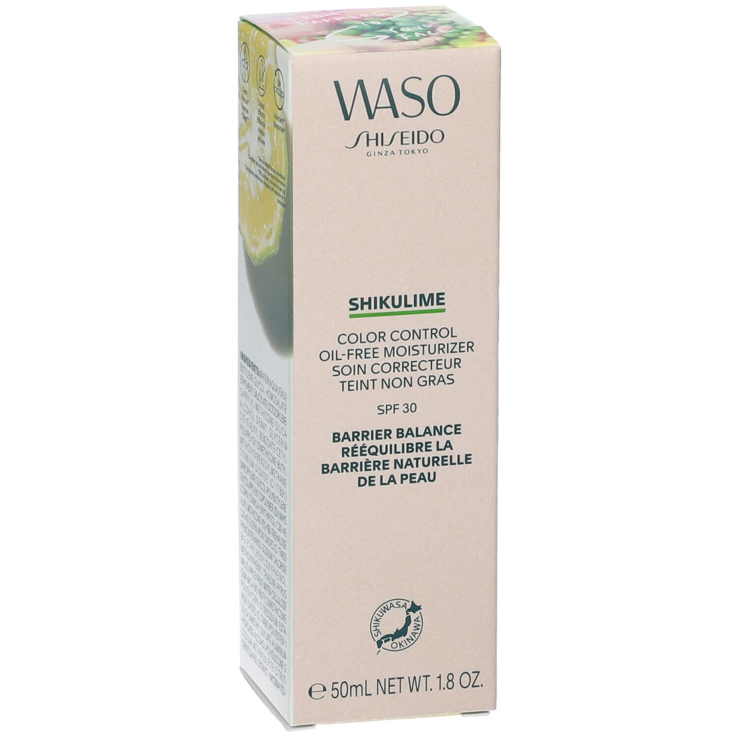 Confezione del prodotto Shiseido Waso Shikulime. Testo: Waso, Shikulime, Color Control, SPF 30. Design verde e bianco. Logo Giappone.