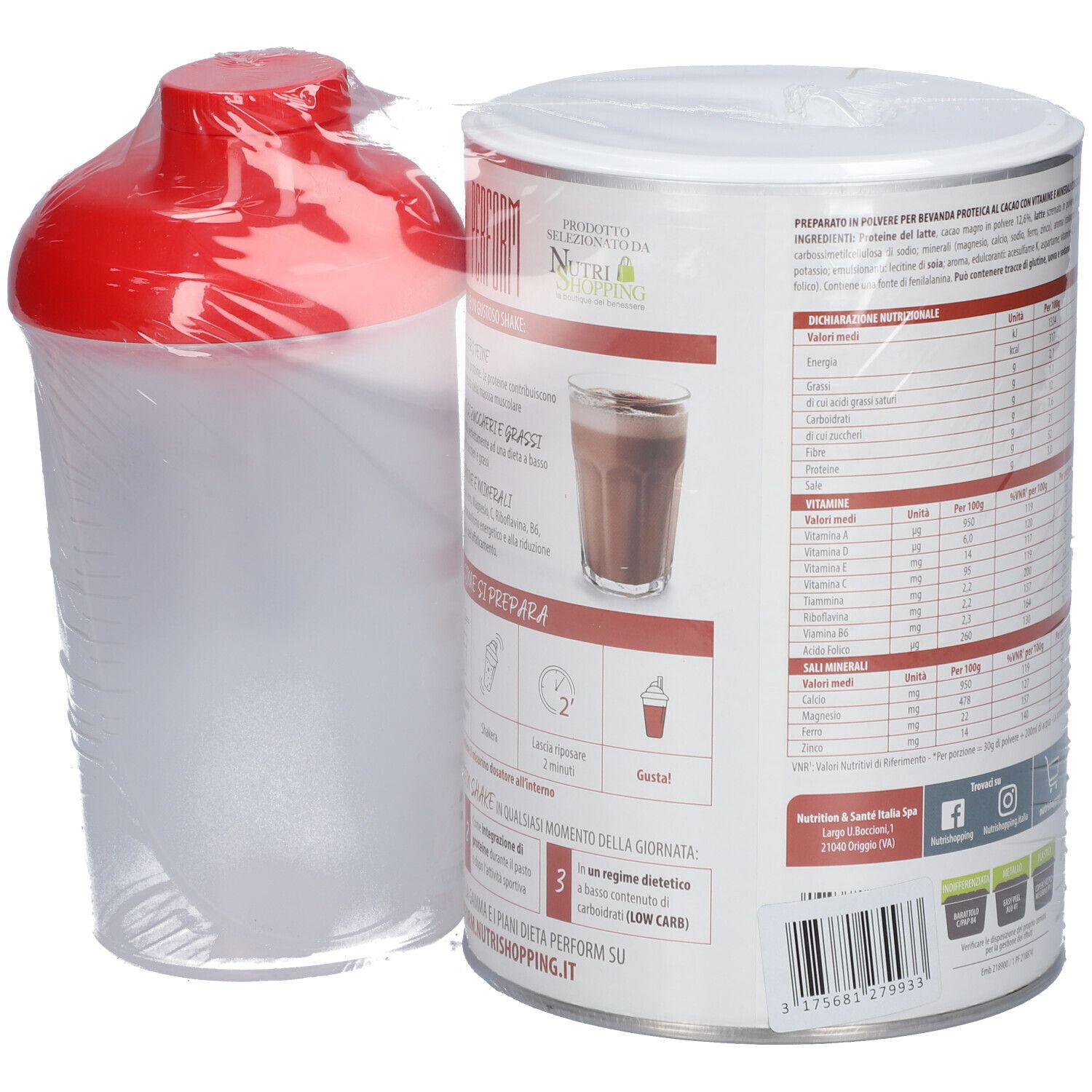 Barattolo di shake proteico e shaker. Barattolo con informazioni e illustrazione. Shaker con coperchio rosso.