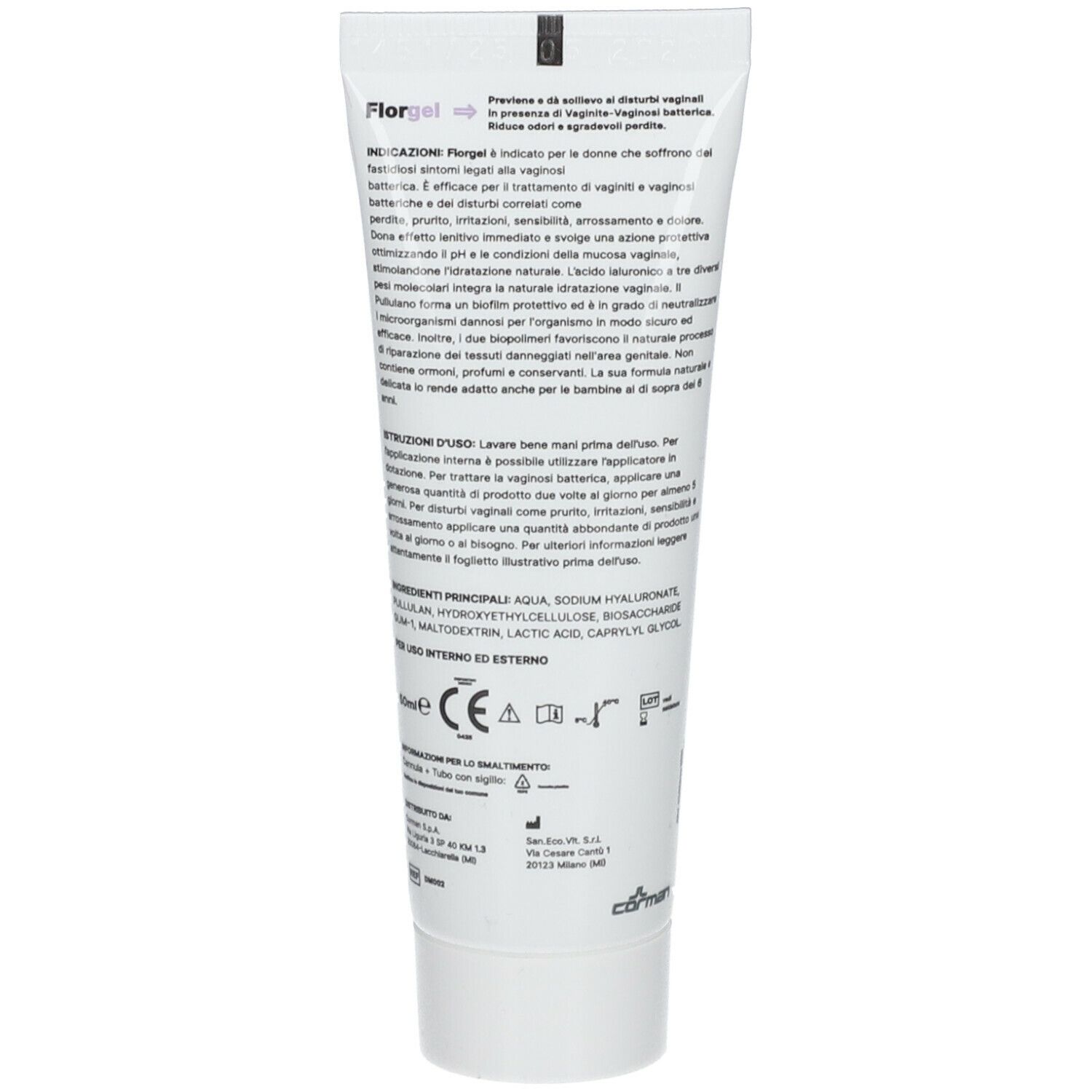 Retro del tubo con testo. Informazioni su uso, ingredienti e produttore. Marchio CE.