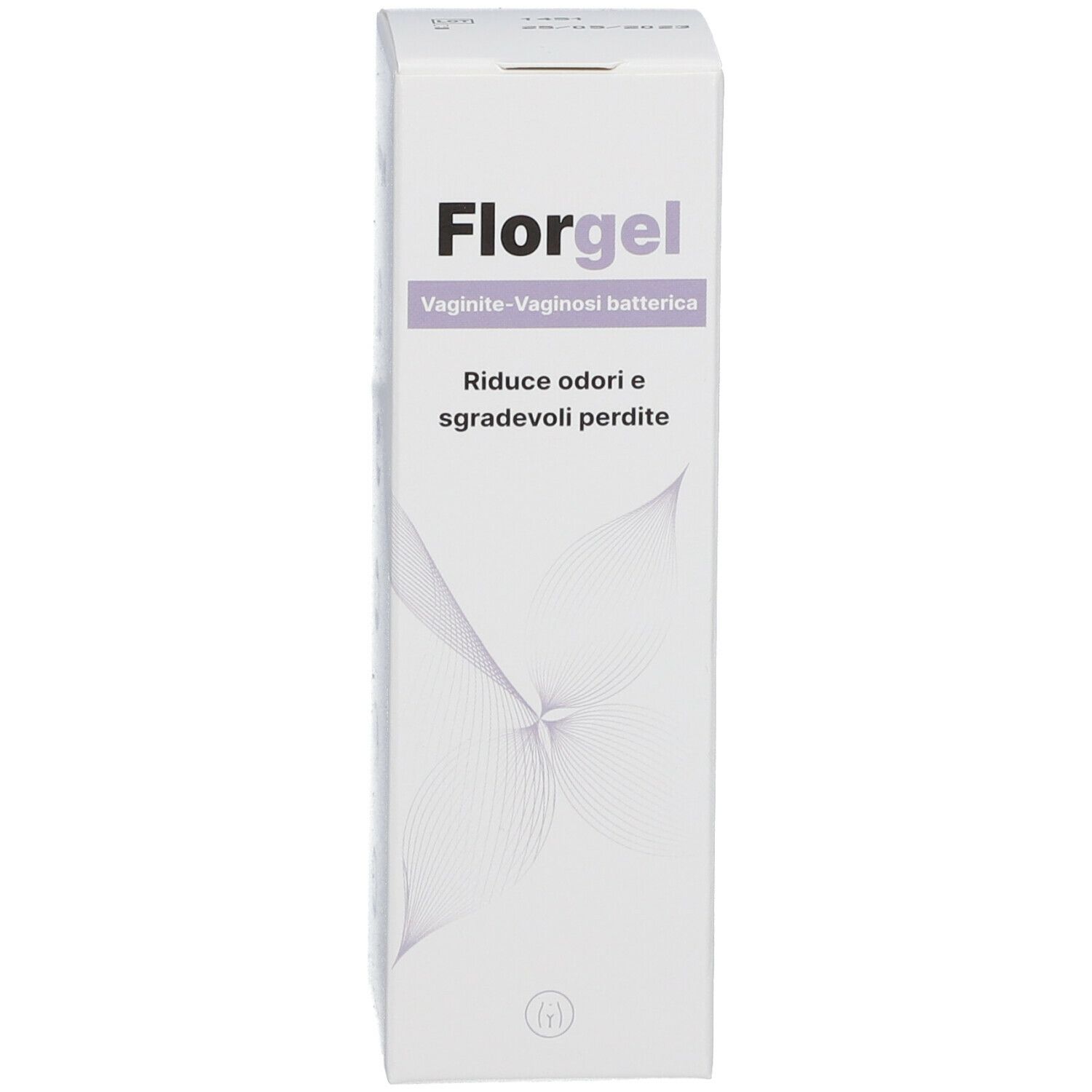 Scatola bianca con nome del prodotto e testo. Scritto: Vaginosi, riduce odori e perdite. Design viola.