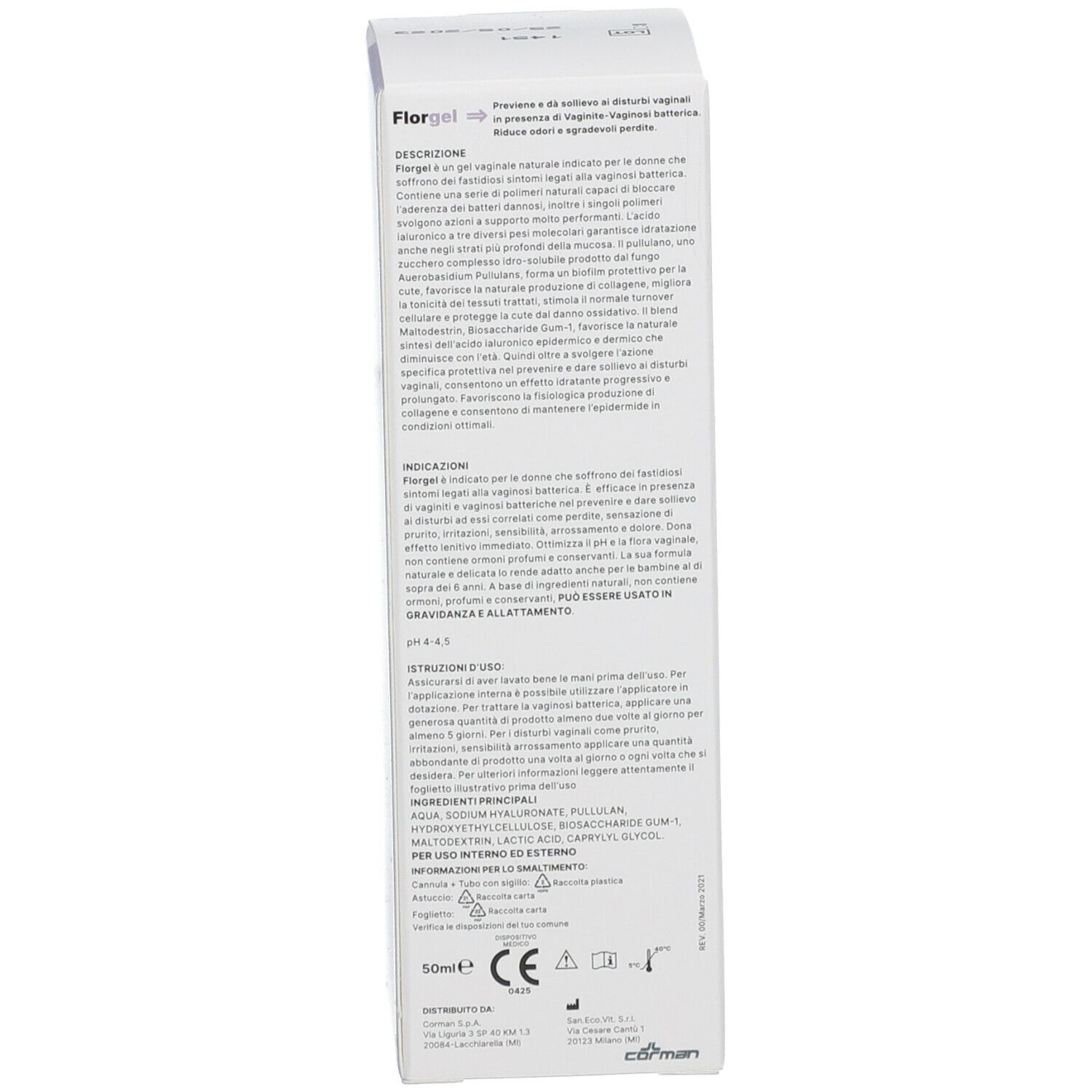 Scatola bianca con testo. Descrizione, uso, ingredienti. Marchio CE e 50 ml.