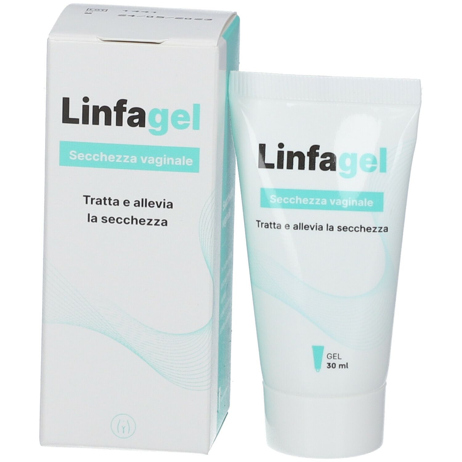 Confezione e tubo di Linfagel. Scritto: Secchezza vaginale. Gel 30 ml. Tratta e allevia la secchezza.