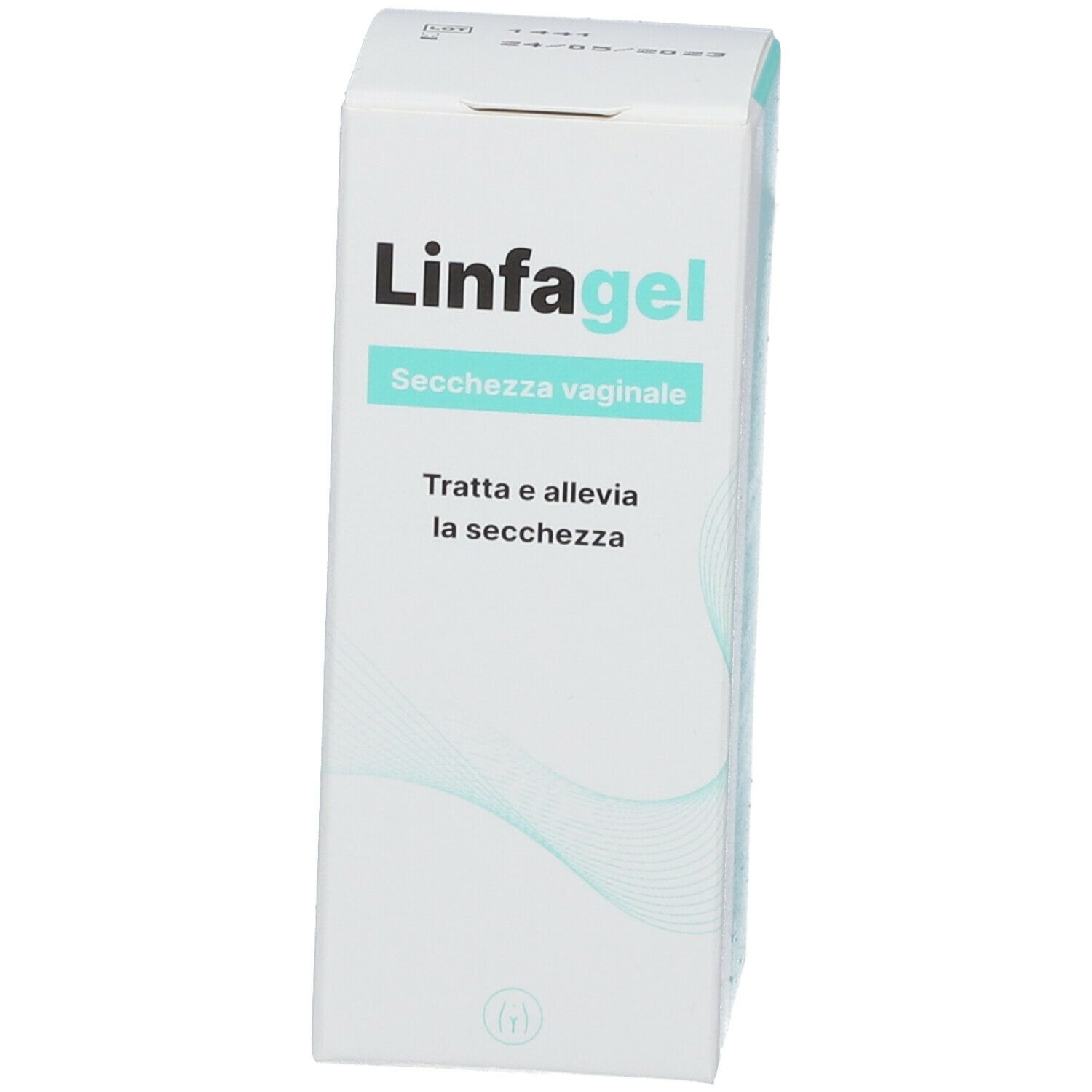 Confezione del prodotto. Scritto: Linfagel, Secchezza vaginale. Scatola bianca con testo blu.