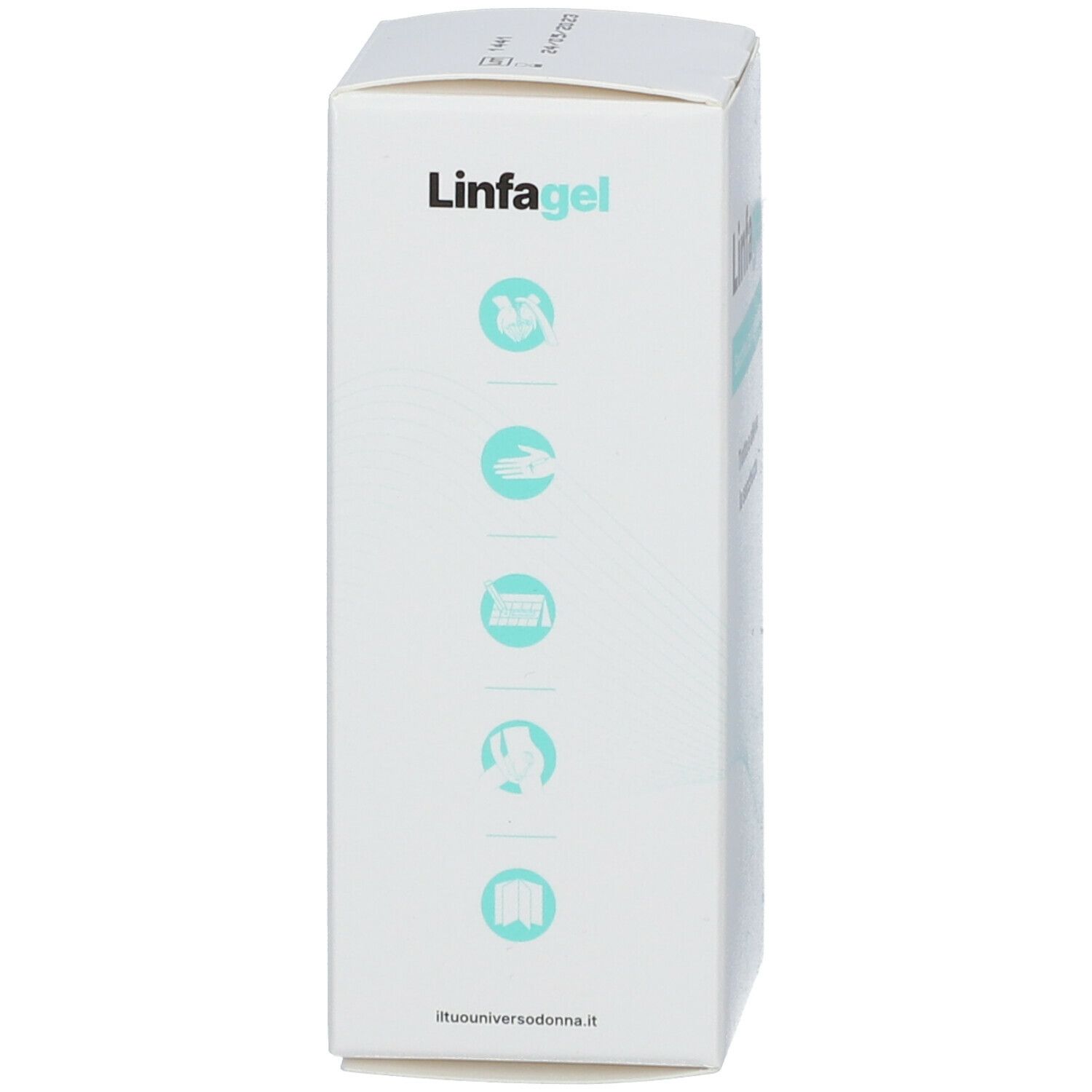 Confezione del prodotto. Scritto: Linfagel. Illustrazioni di mani, doccia, asciugamano e persona.